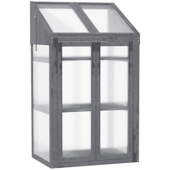 Mini-serre de jardin, petite serre avec cadre en bois, fenêtres et double porte, 3 étagères, 70L x 50l x 120H cm, gris - Image 1