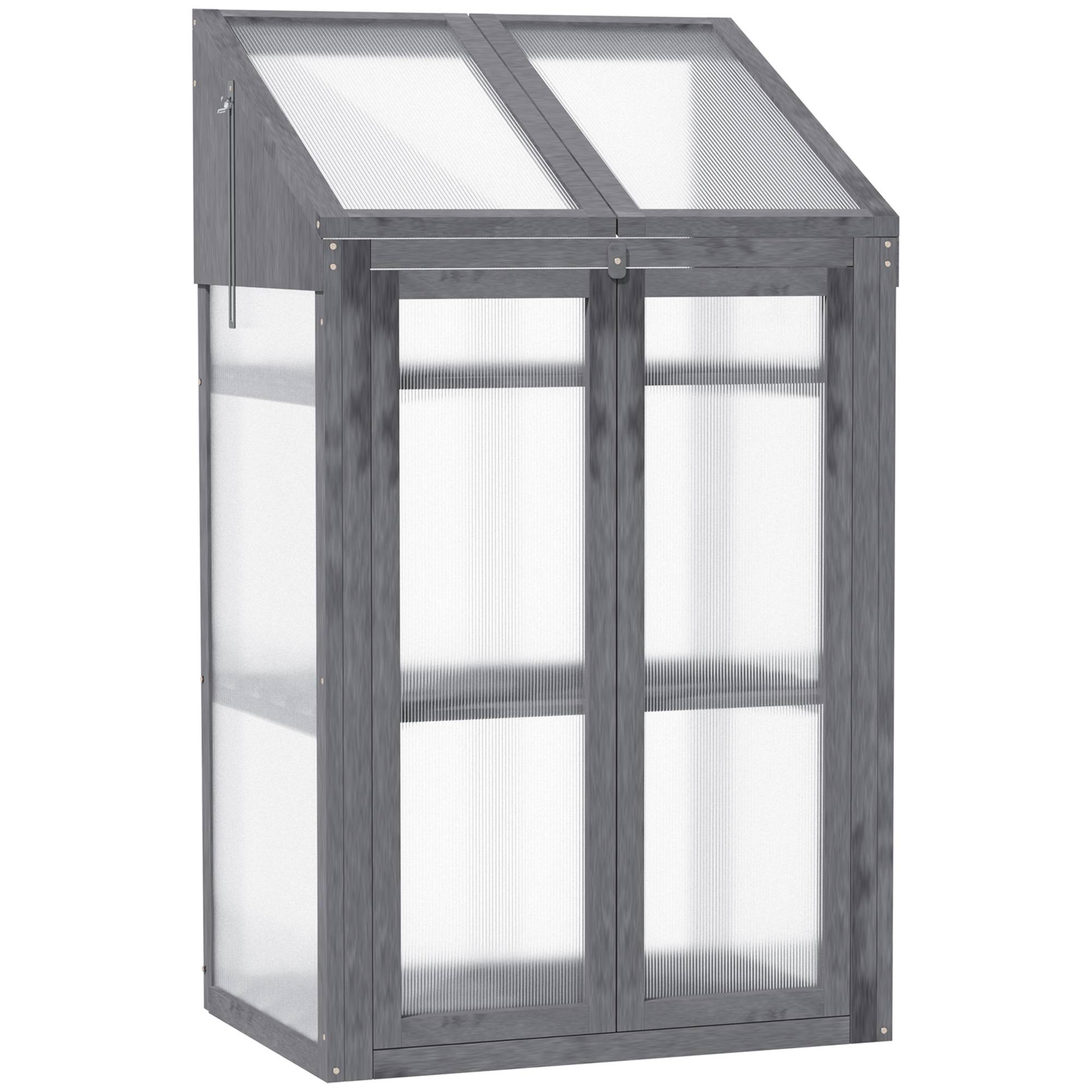 Mini-serre de jardin, petite serre avec cadre en bois, fenêtres et double porte, 3 étagères, 70L x 50l x 120H cm, gris - Image 1