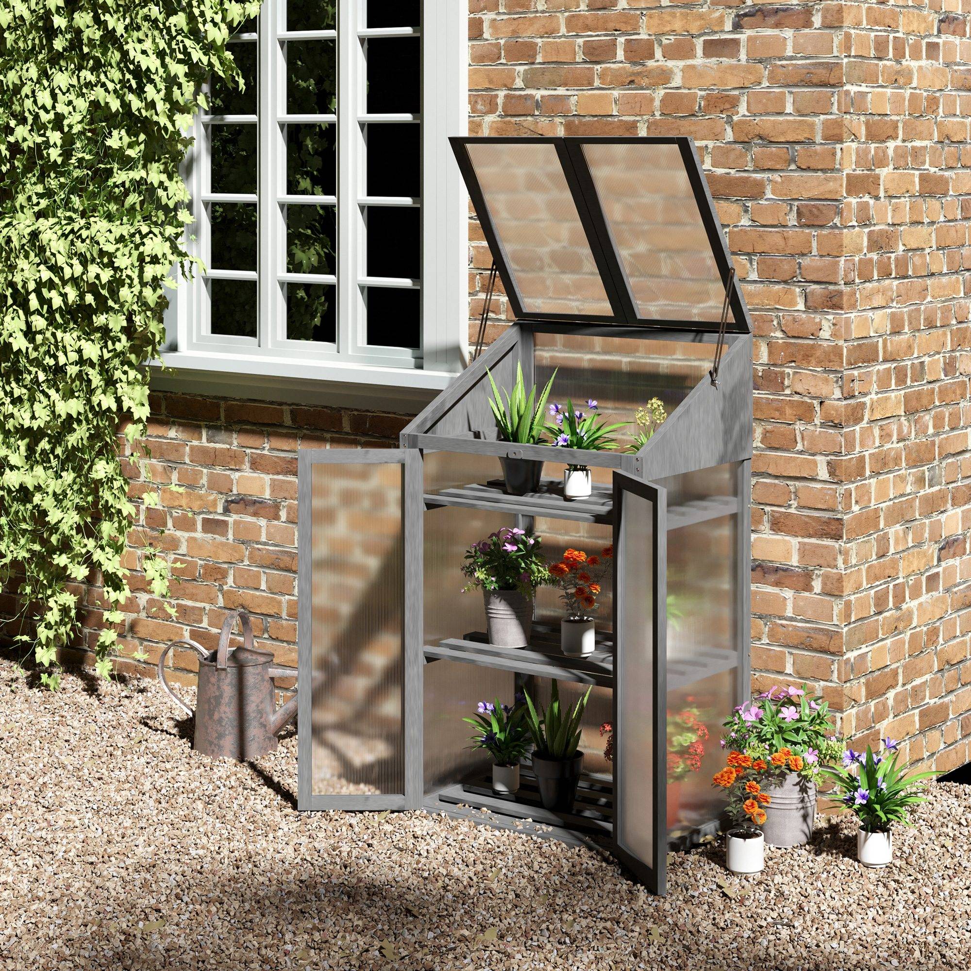 Mini-serre de jardin, petite serre avec cadre en bois, fenêtres et double porte, 3 étagères, 70L x 50l x 120H cm, gris - Image 3