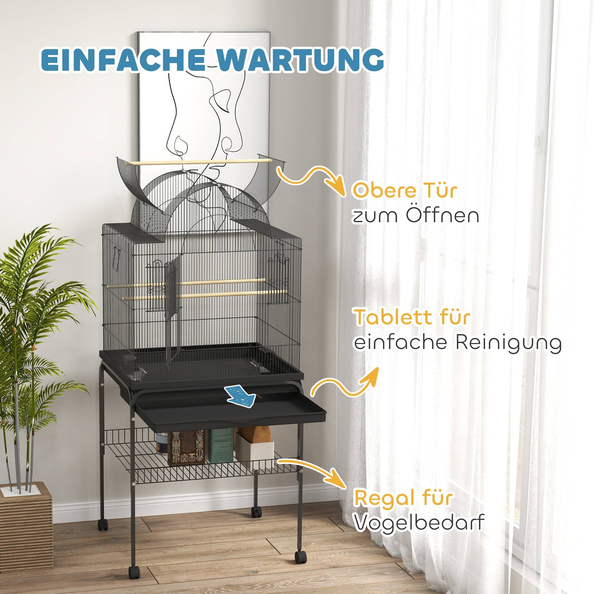 ComfortXL - Cage à oiseaux acier noir 63 x 53 x 144 cm pour perruches et petits perroquets mobile avec plateau amovible - Image 7