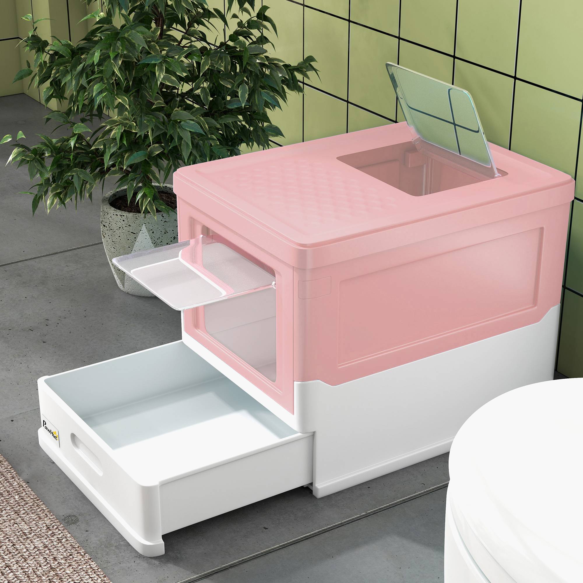 Litière couverte amovible entrée avant sortie haute pelle 47,5x35,5x36,7 cm rose blanc - Image 10