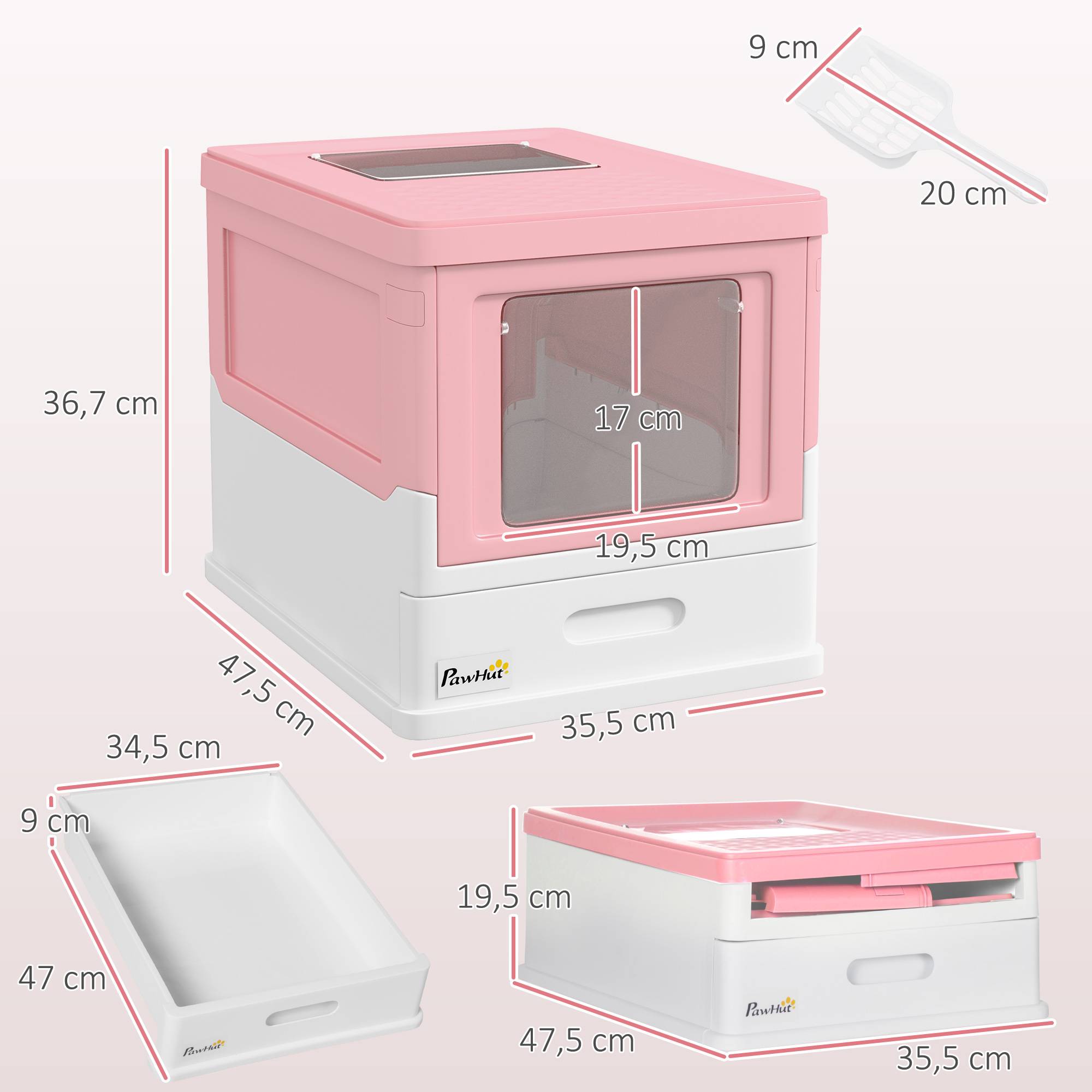 Litière couverte amovible entrée avant sortie haute pelle 47,5x35,5x36,7 cm rose blanc - Image 5