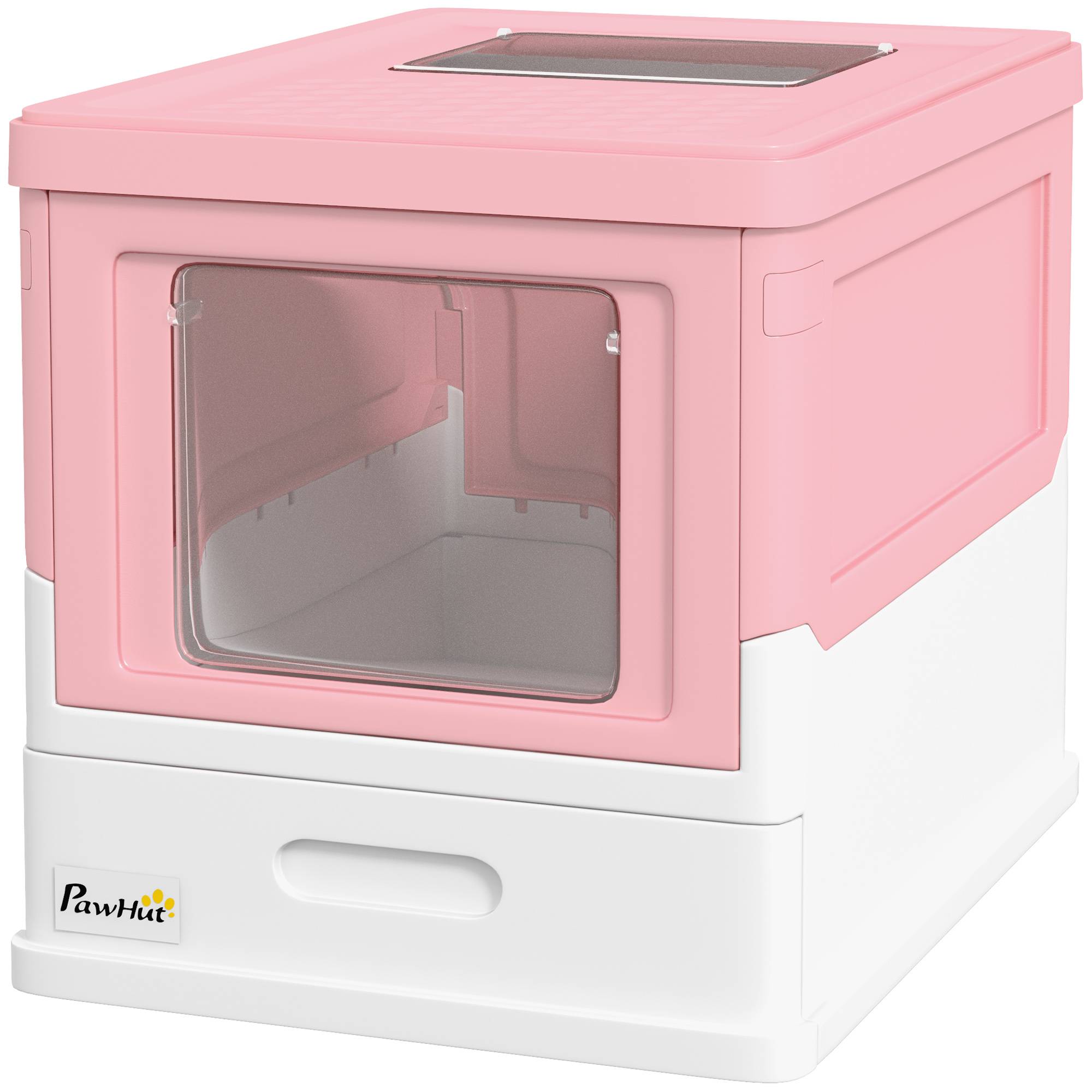 Litière couverte amovible entrée avant sortie haute pelle 47,5x35,5x36,7 cm rose blanc - Image 2