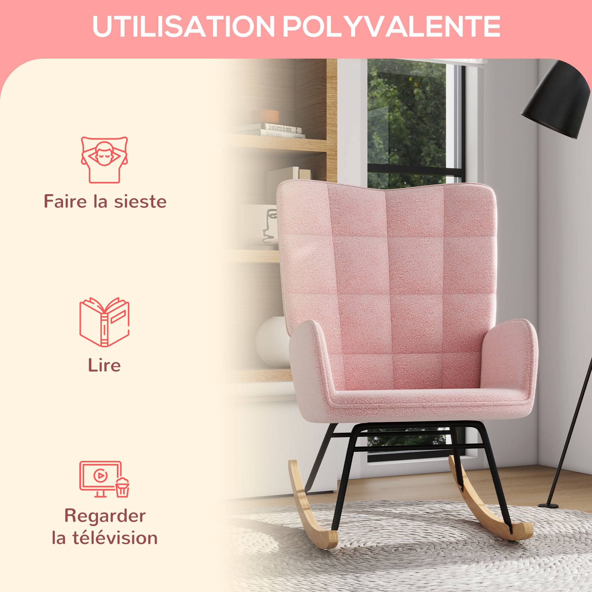 Fauteuil à bascule rocking chair revêtement bouclette structure en acier 71 x 98 x 101 cm rose - Image 8