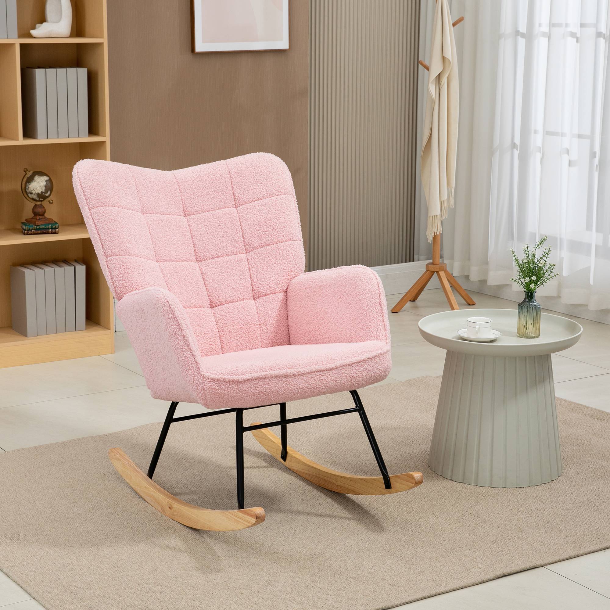 Fauteuil à bascule rocking chair revêtement bouclette structure en acier 71 x 98 x 101 cm rose - Image 4