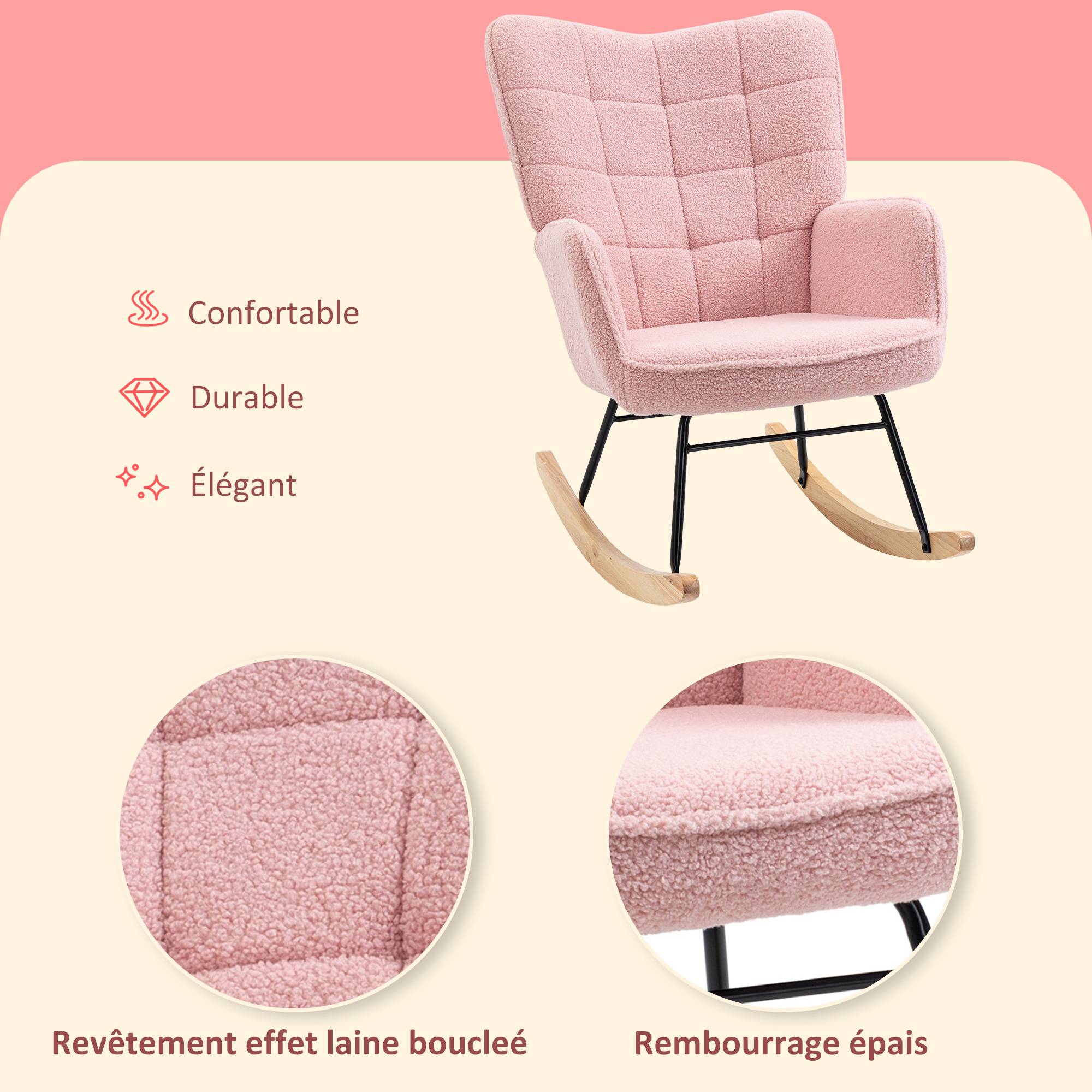 Fauteuil à bascule rocking chair revêtement bouclette structure en acier 71 x 98 x 101 cm rose - Image 7