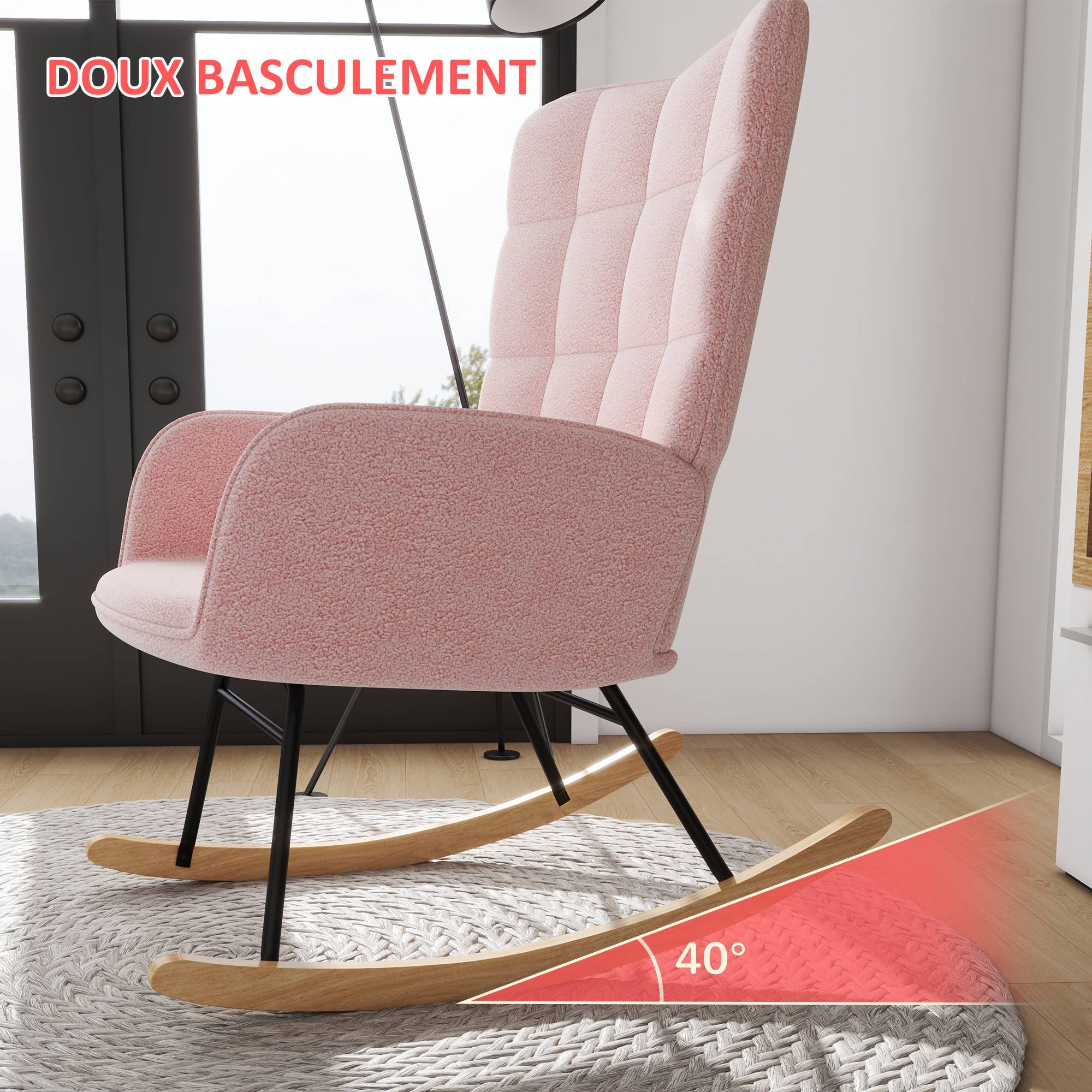 Fauteuil à bascule rocking chair revêtement bouclette structure en acier 71 x 98 x 101 cm rose - Image 6