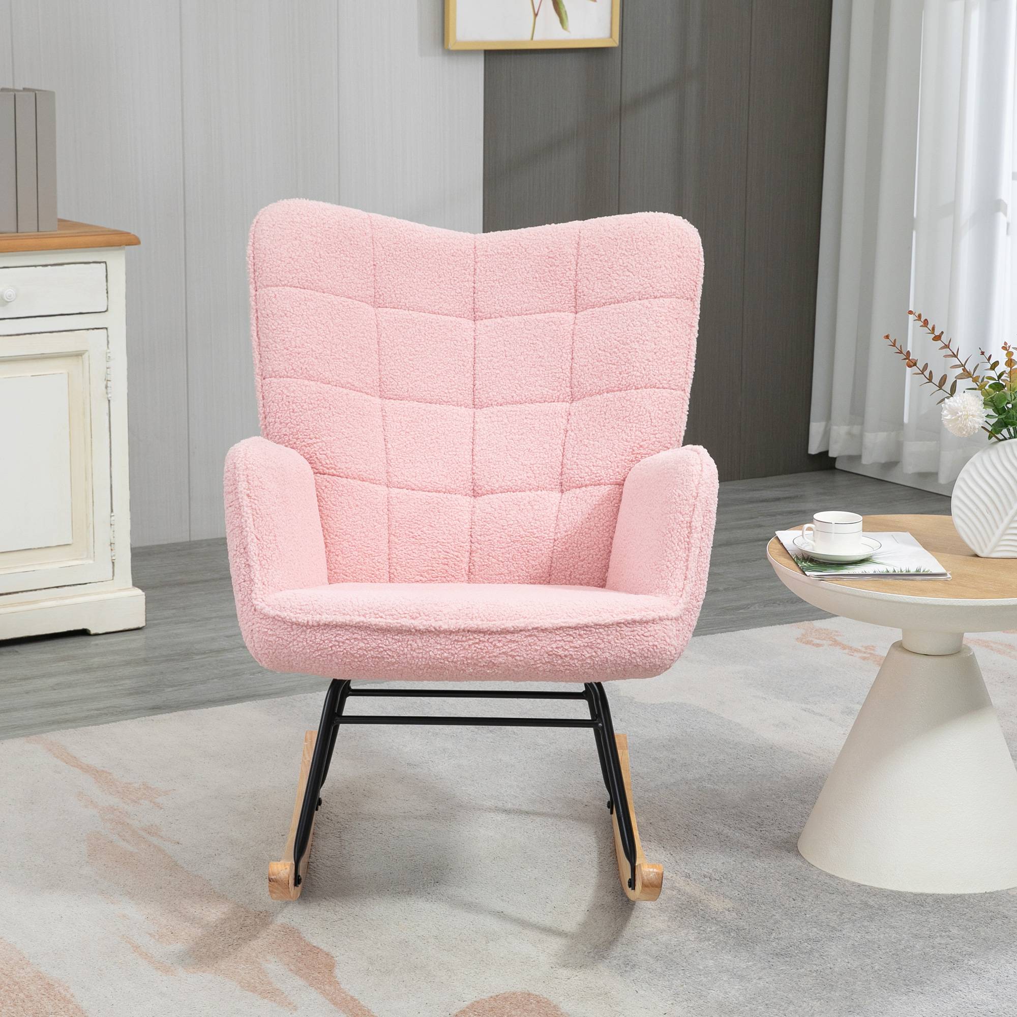 Fauteuil à bascule rocking chair revêtement bouclette structure en acier 71 x 98 x 101 cm rose - Image 9