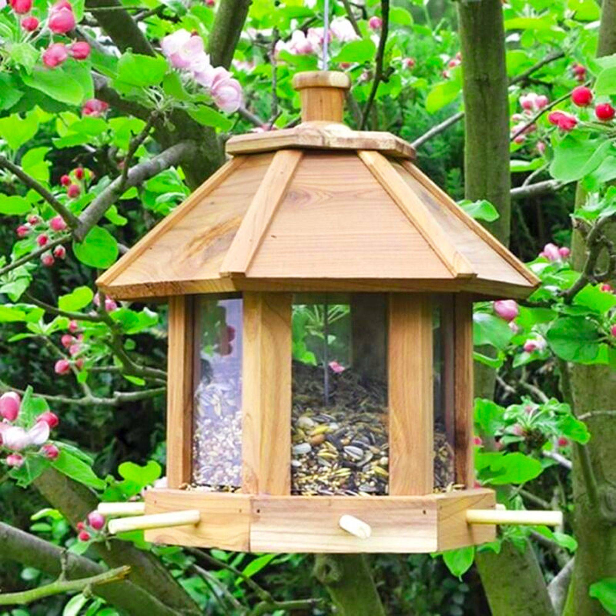 Mangeoire Oiseaux Bois Cèdre FISHTEC 6 Emplacements Toit Amovible Jardin Balcon - Image 5