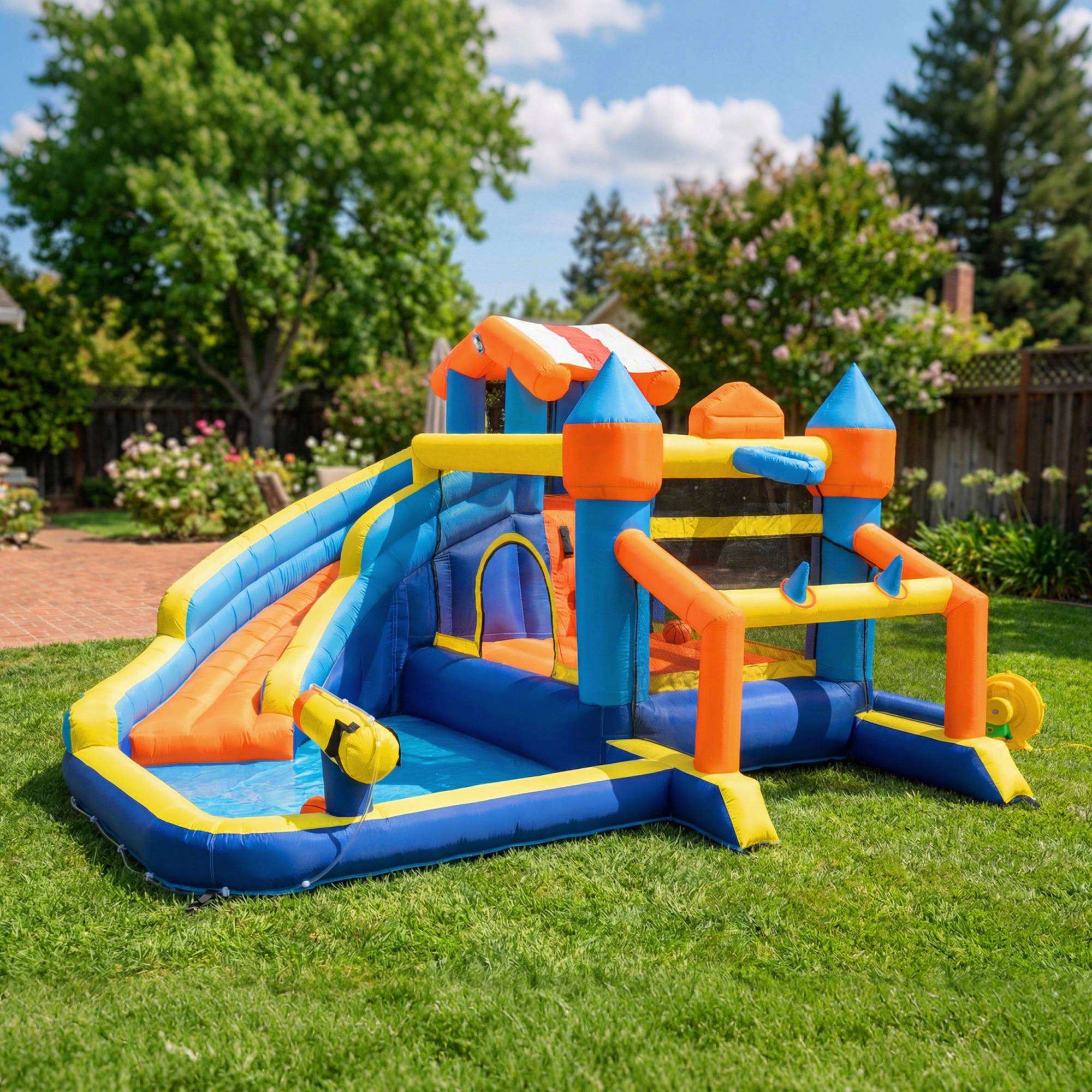 Château gonflable 8 en 1 avec souffleur, toboggan, pataugeoire, trampoline et mur d'escalade, intérieur/extérieur, 350×325×210 cm, multicolore - Image 3