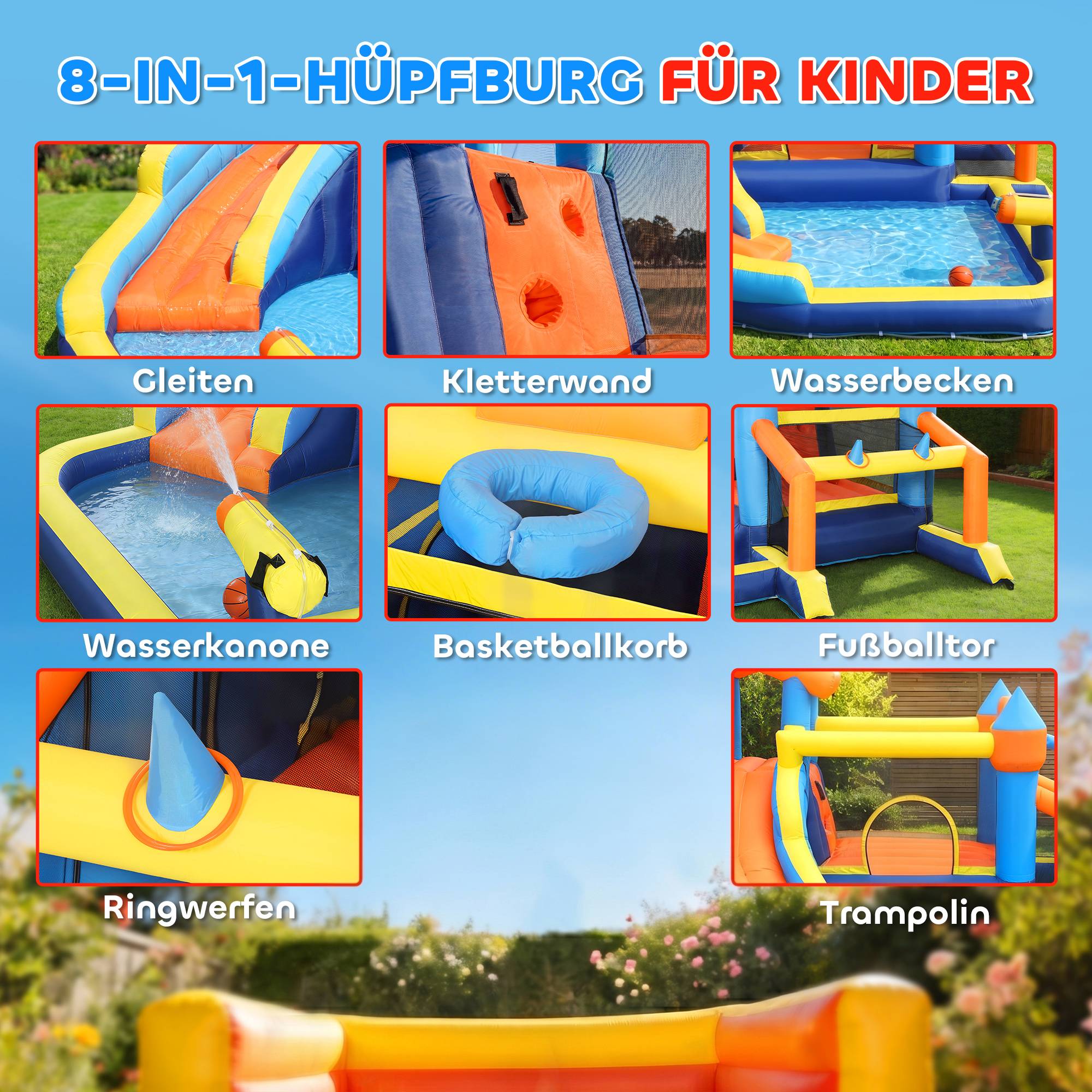 Château gonflable 8 en 1 avec souffleur, toboggan, pataugeoire, trampoline et mur d'escalade, intérieur/extérieur, 350×325×210 cm, multicolore - Image 6