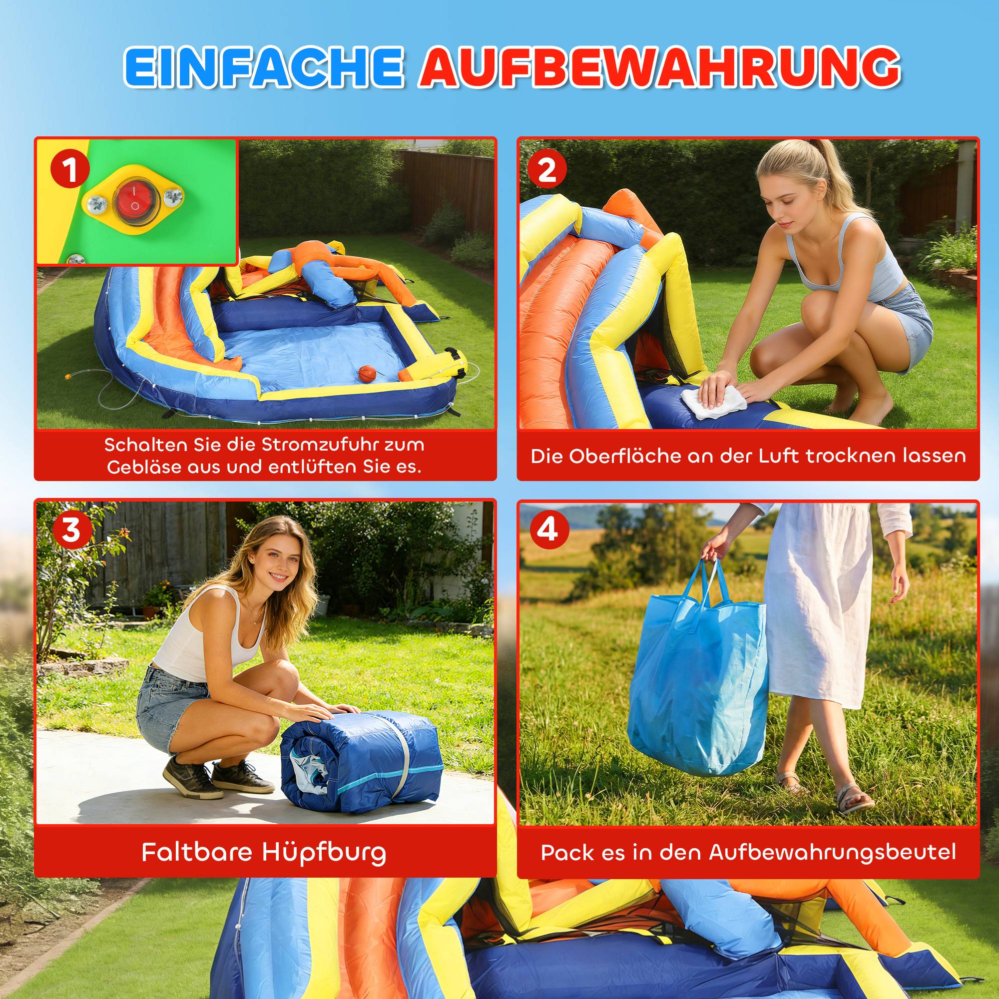 Château gonflable 8 en 1 avec souffleur, toboggan, pataugeoire, trampoline et mur d'escalade, intérieur/extérieur, 350×325×210 cm, multicolore - Image 9