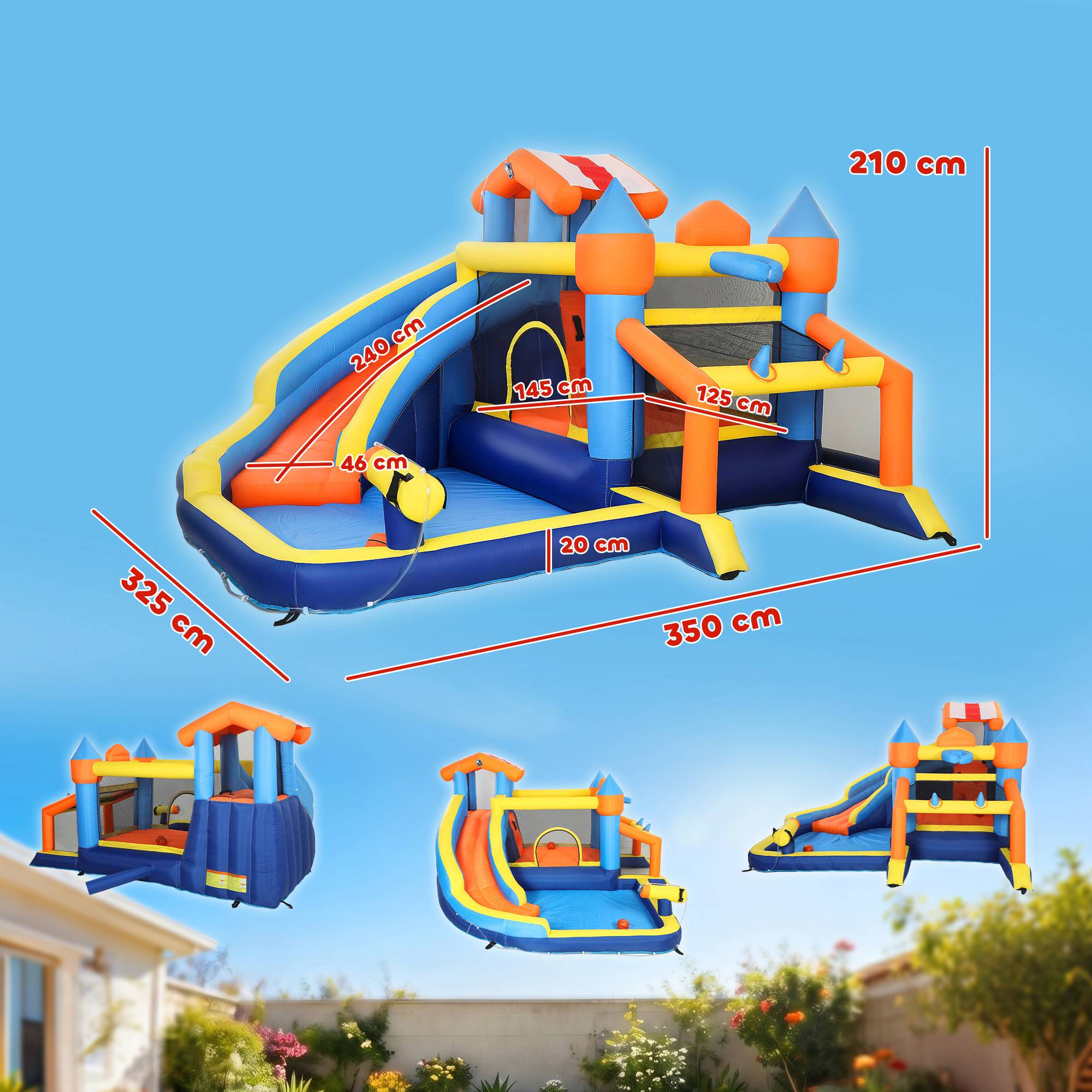 Château gonflable 8 en 1 avec souffleur, toboggan, pataugeoire, trampoline et mur d'escalade, intérieur/extérieur, 350×325×210 cm, multicolore - Image 5