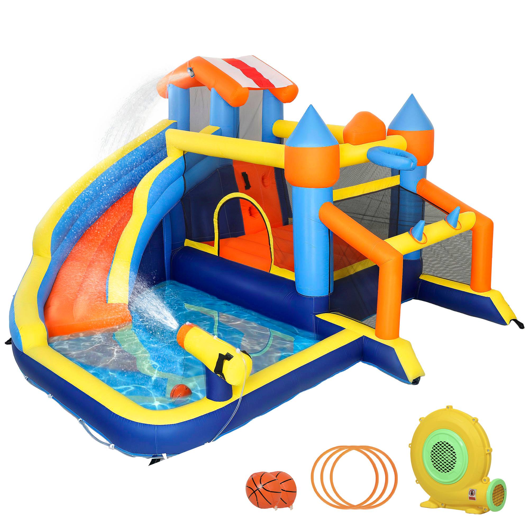 Château gonflable 8 en 1 avec souffleur, toboggan, pataugeoire, trampoline et mur d'escalade, intérieur/extérieur, 350×325×210 cm, multicolore - Image 1
