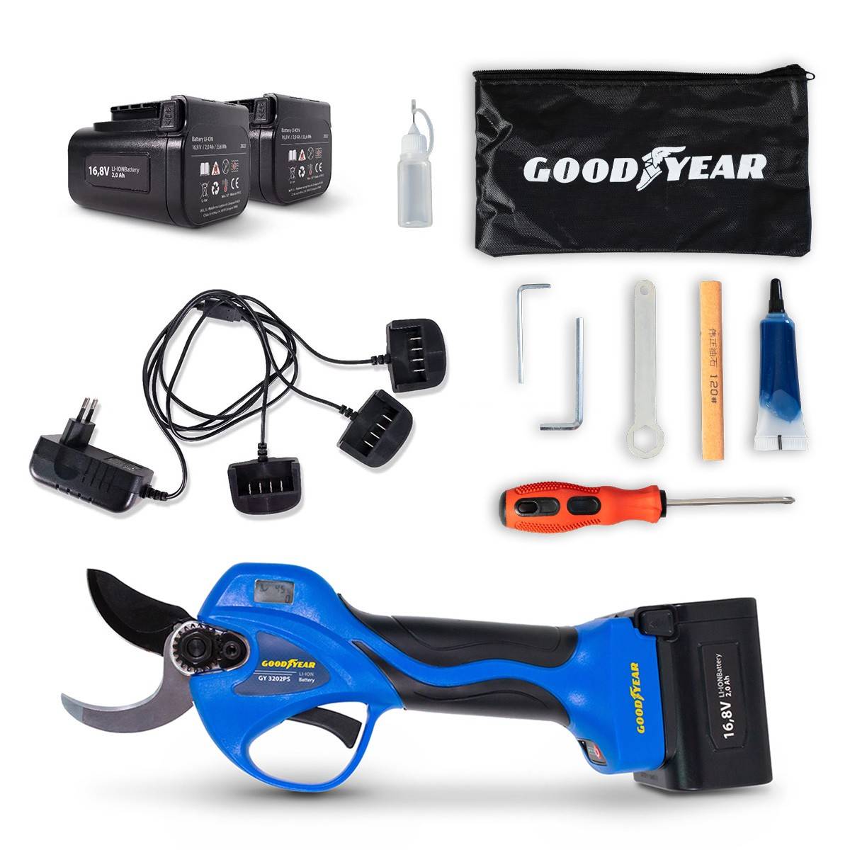 Sécateur électrique Professionnel 16,8V + 2 Batteries Lithium 2Ah Ø Coupe 32 mm Moteur Brushless GOODYEAR - Image 1