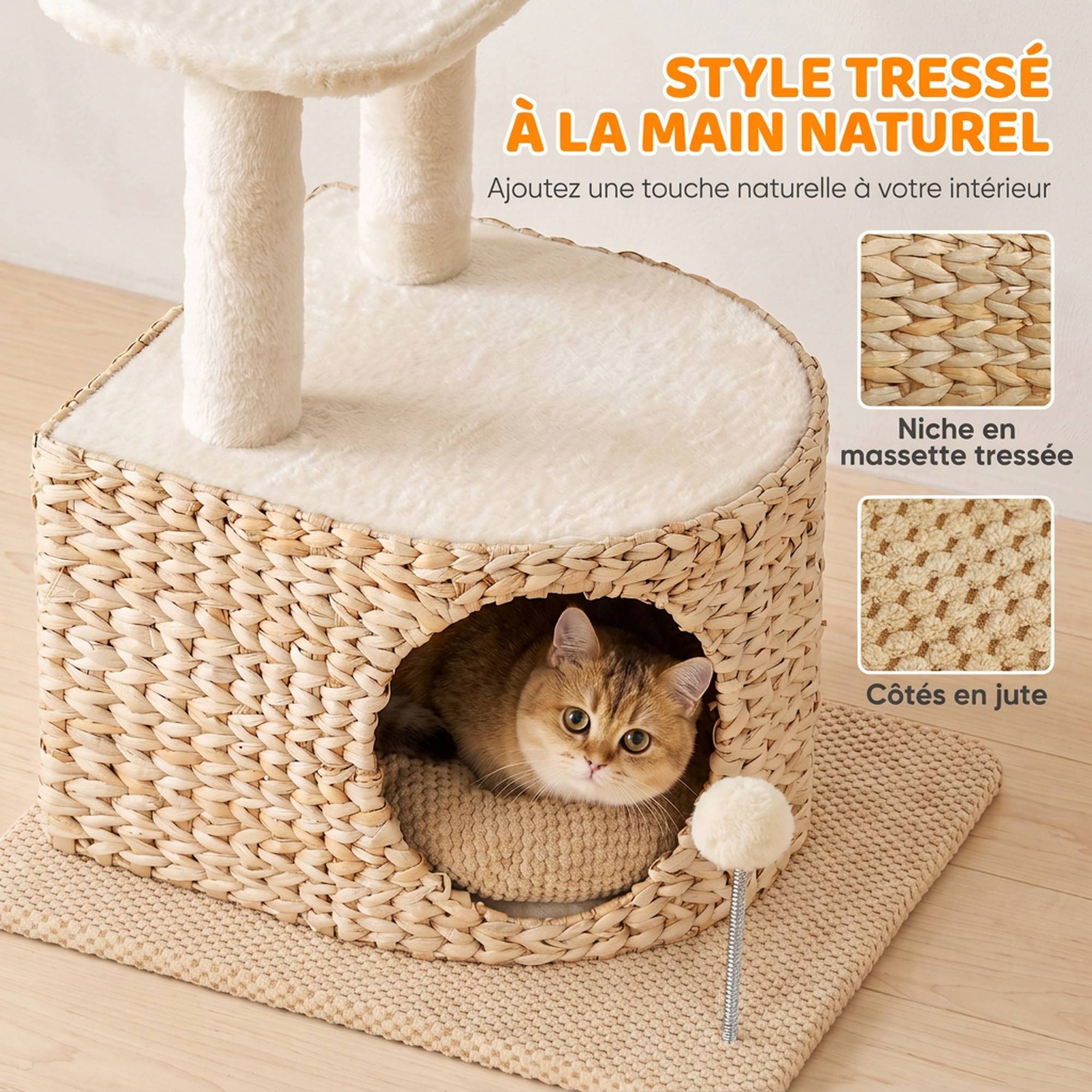 Arbre à chat design tressé moderne, 4 niveaux, niche jonc, perche jute, 87cm, beige - Image 7