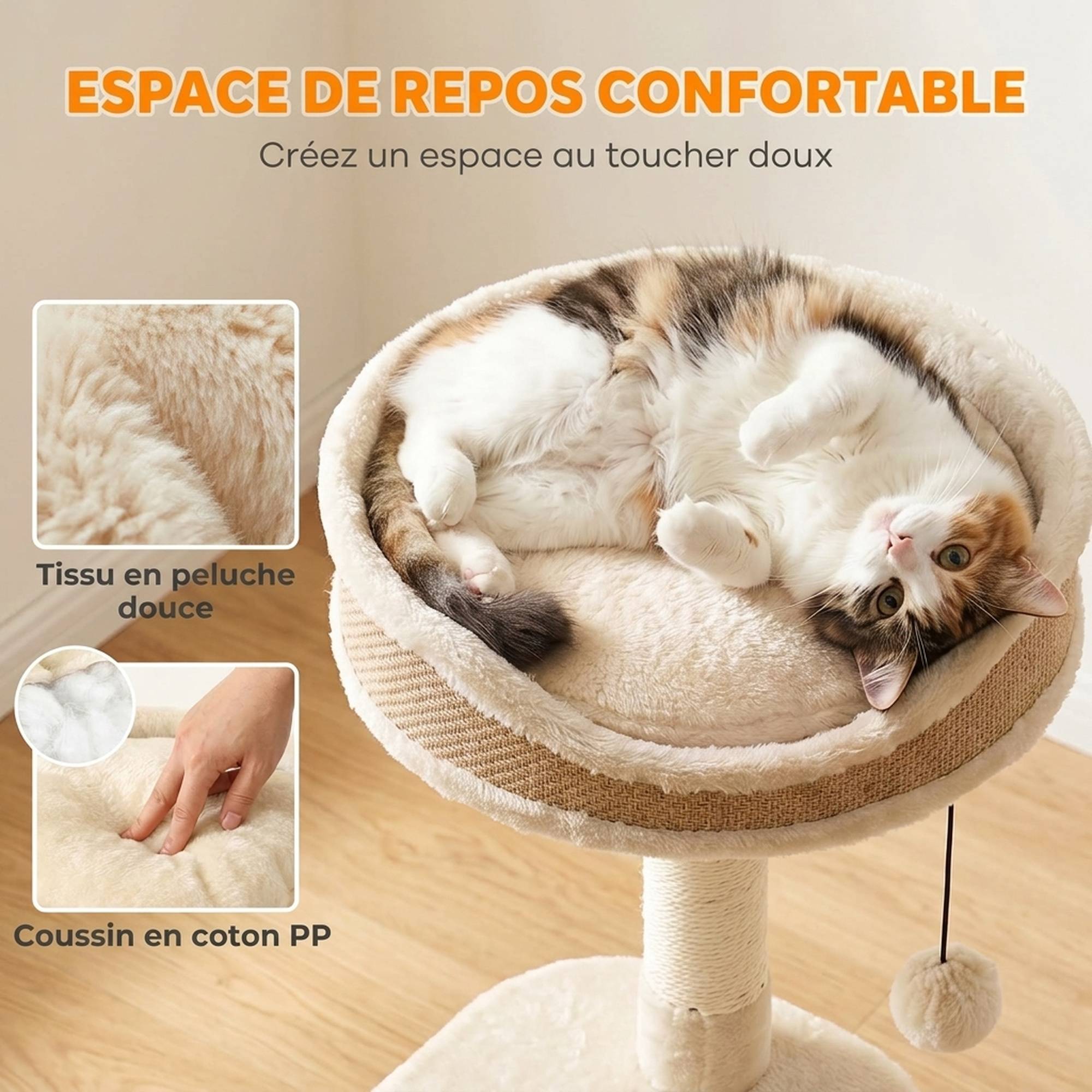 Arbre à chat design tressé moderne, 4 niveaux, niche jonc, perche jute, 87cm, beige - Image 9
