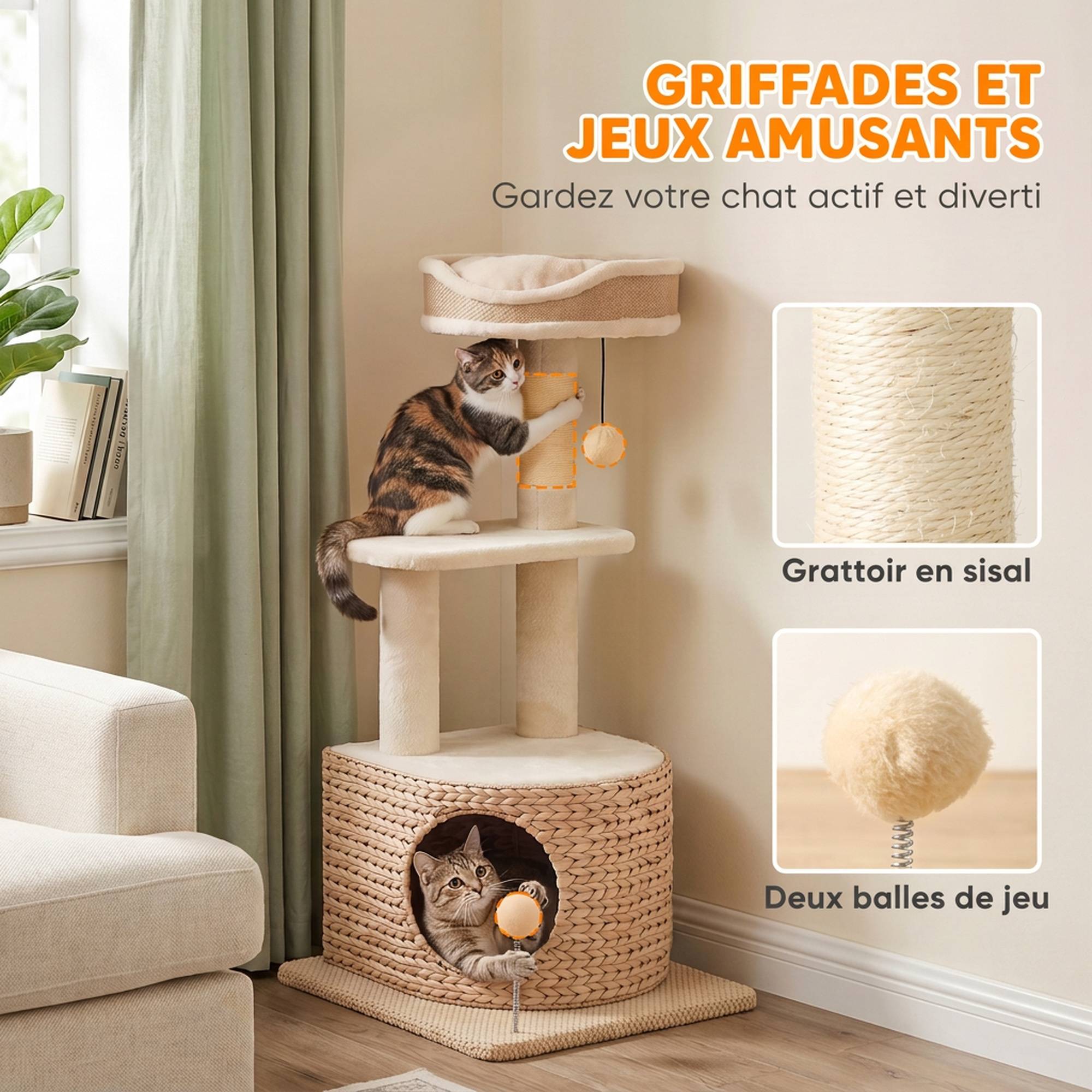 Arbre à chat design tressé moderne, 4 niveaux, niche jonc, perche jute, 87cm, beige - Image 8
