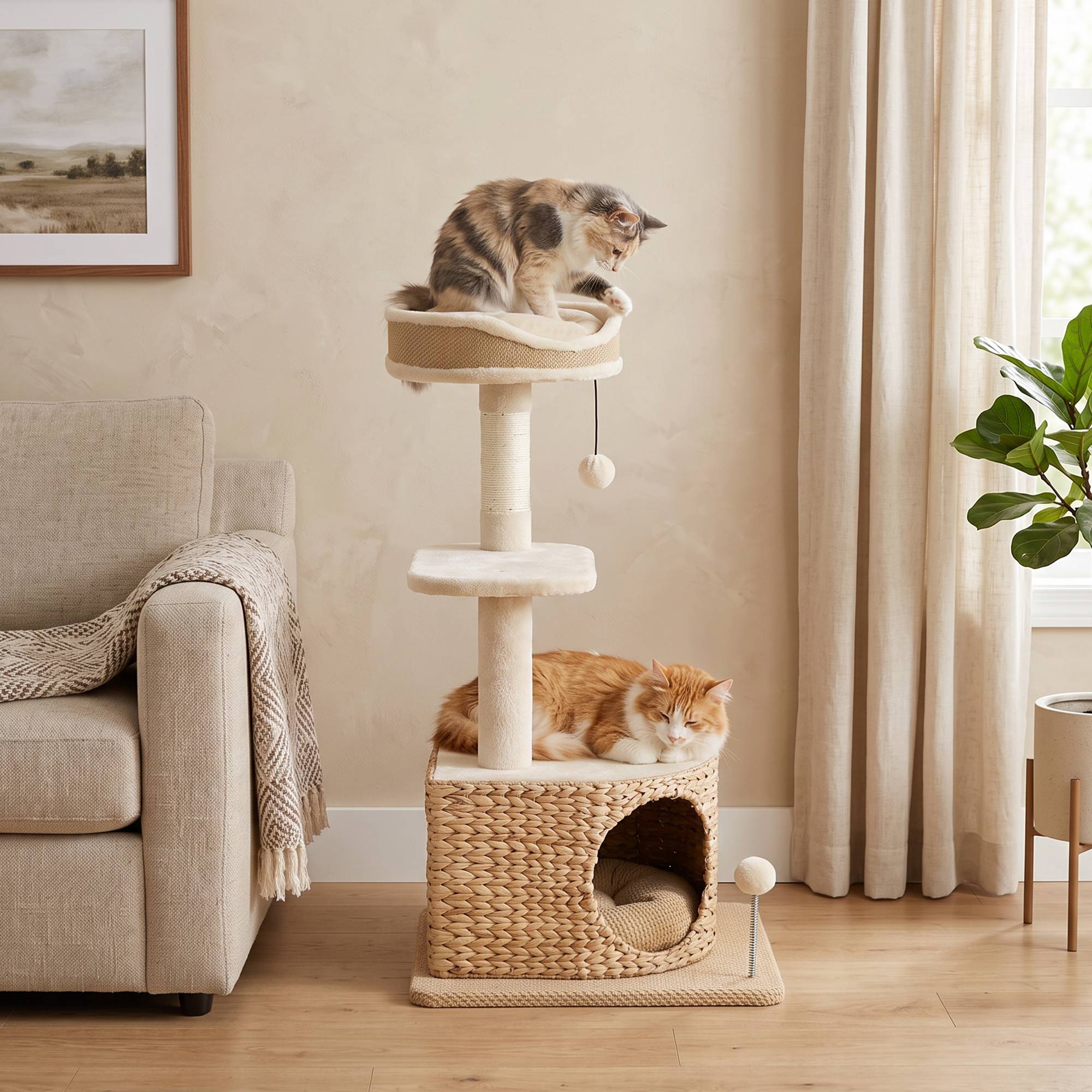 Arbre à chat design tressé moderne, 4 niveaux, niche jonc, perche jute, 87cm, beige - Image 10