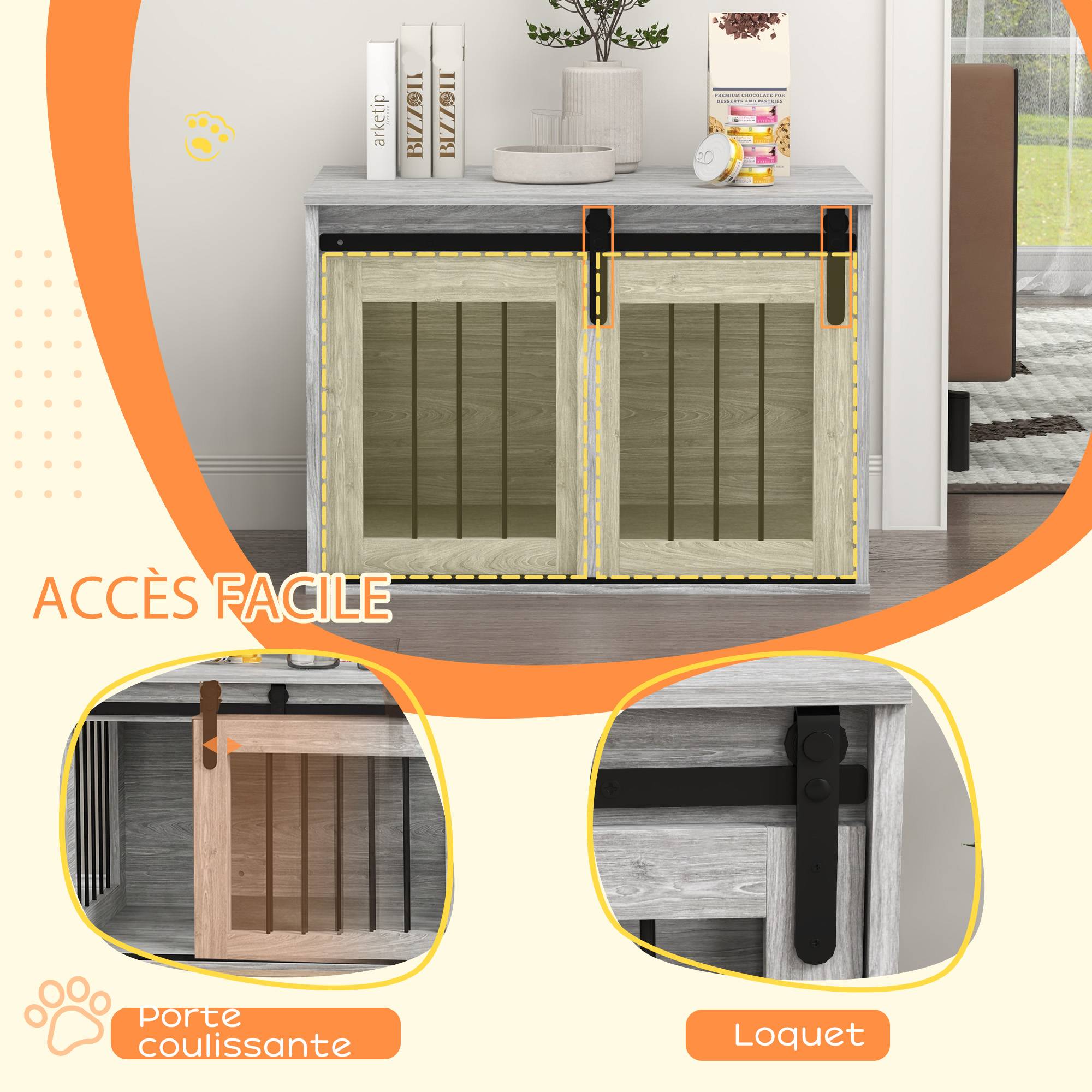 Cage chien intérieur bois métal table appoint porte coulissante 80x54x57cm gris - ComfortXL Outdoor Living - Image 7