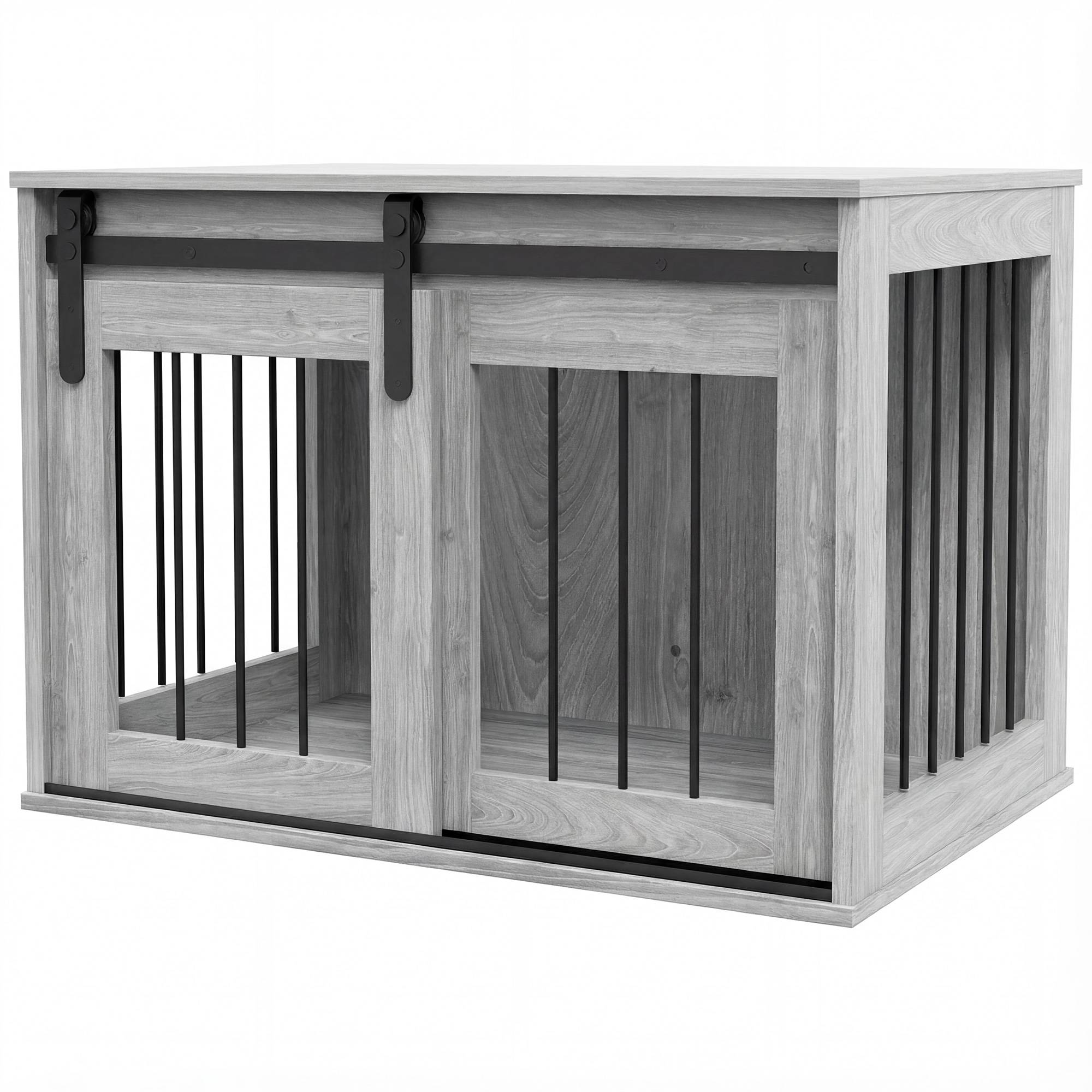 Cage chien intérieur bois métal table appoint porte coulissante 80x54x57cm gris - ComfortXL Outdoor Living - Image 2