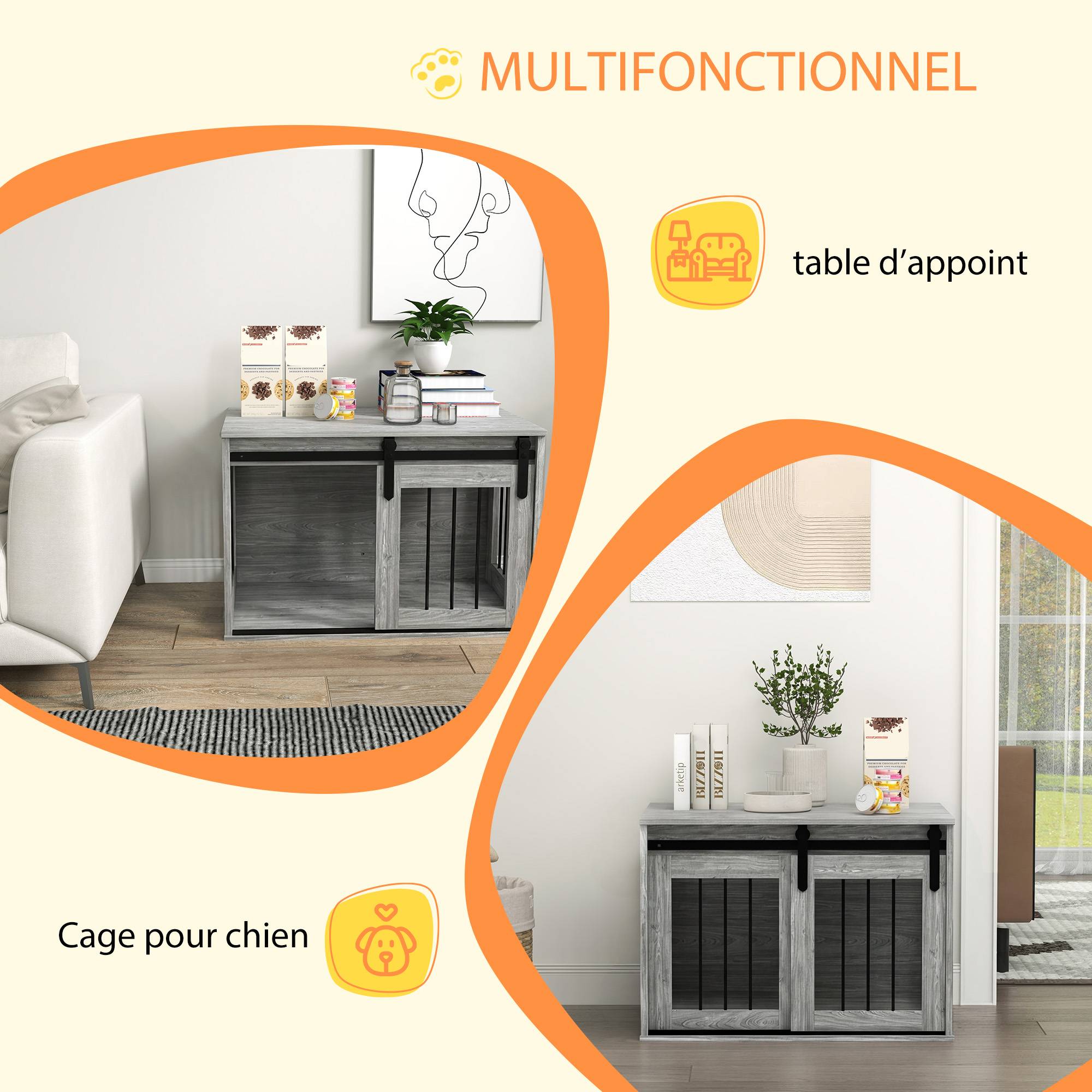 Cage chien intérieur bois métal table appoint porte coulissante 80x54x57cm gris - ComfortXL Outdoor Living - Image 6