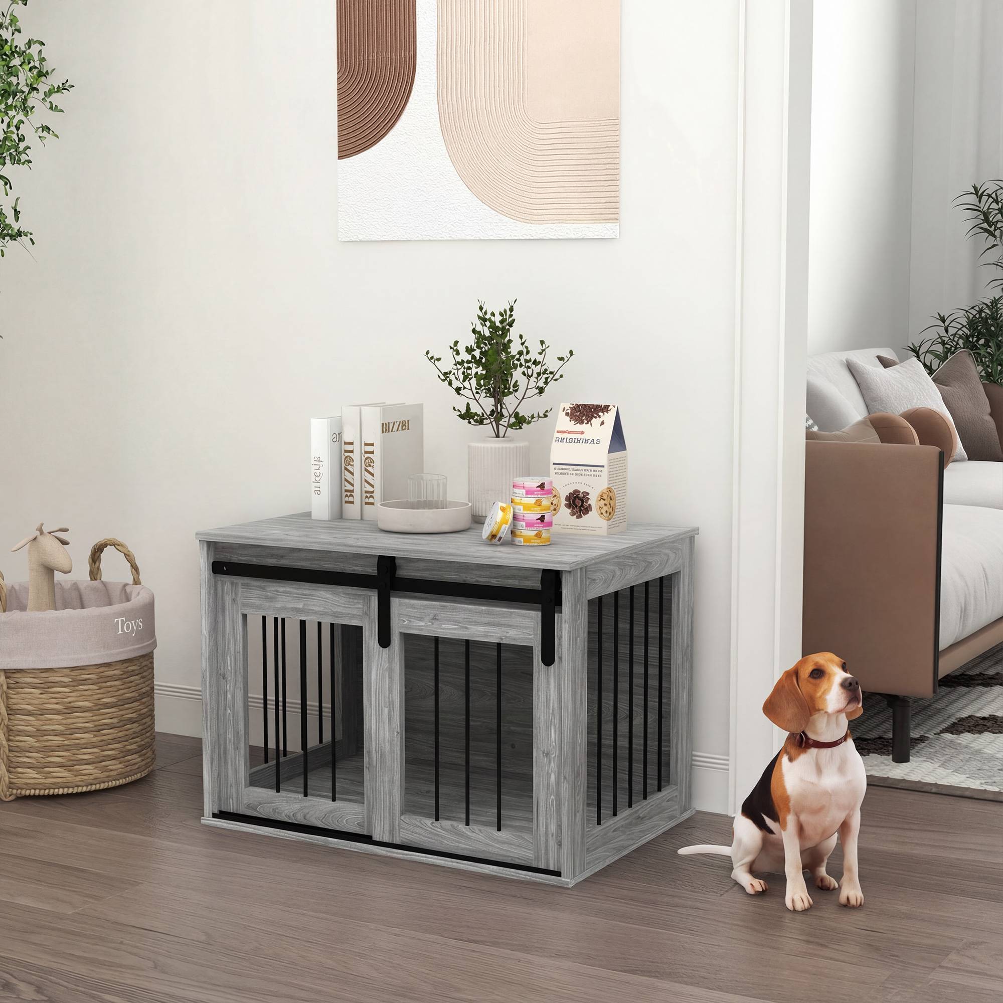 Cage chien intérieur bois métal table appoint porte coulissante 80x54x57cm gris - ComfortXL Outdoor Living - Image 3