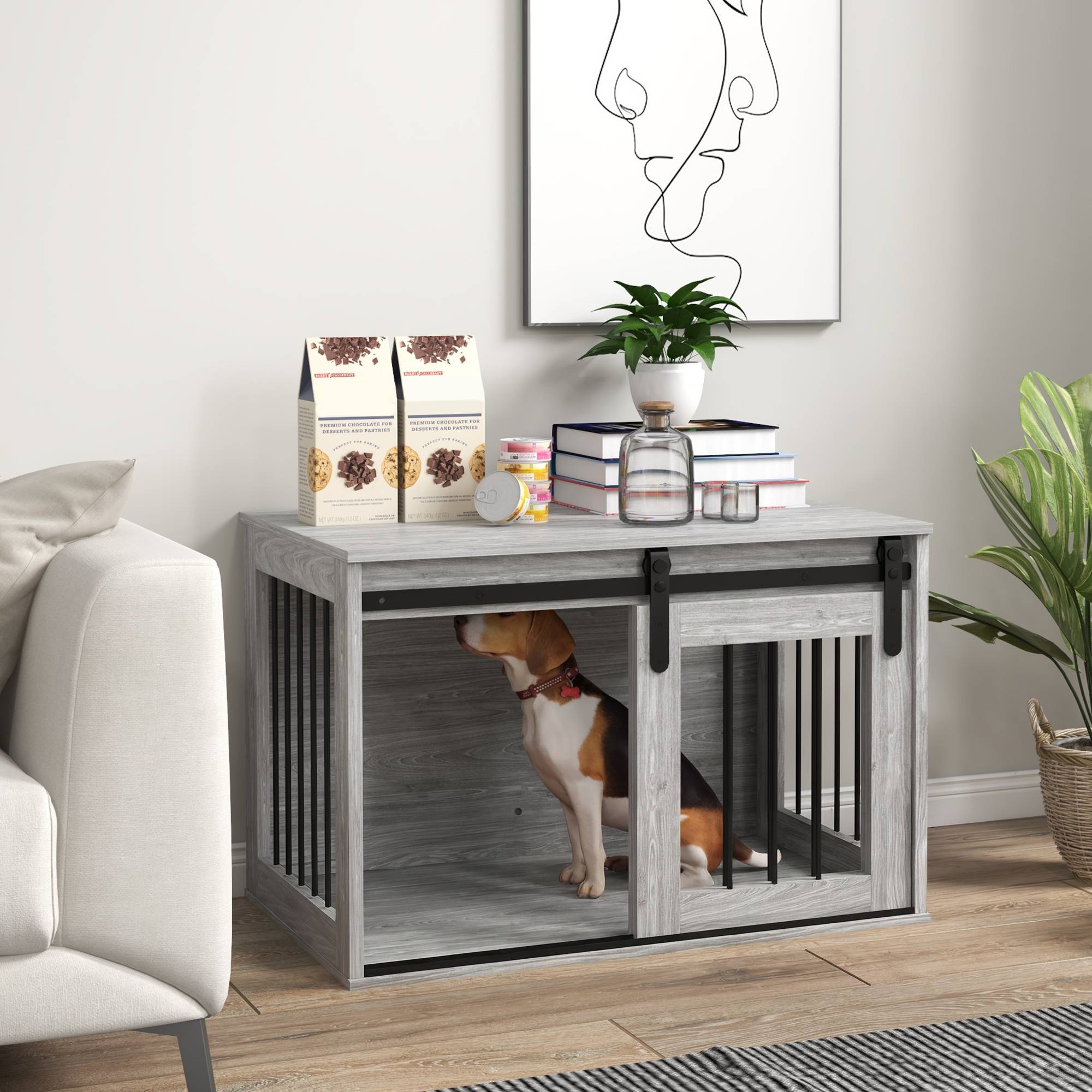 Cage chien intérieur bois métal table appoint porte coulissante 80x54x57cm gris - ComfortXL Outdoor Living - Image 4