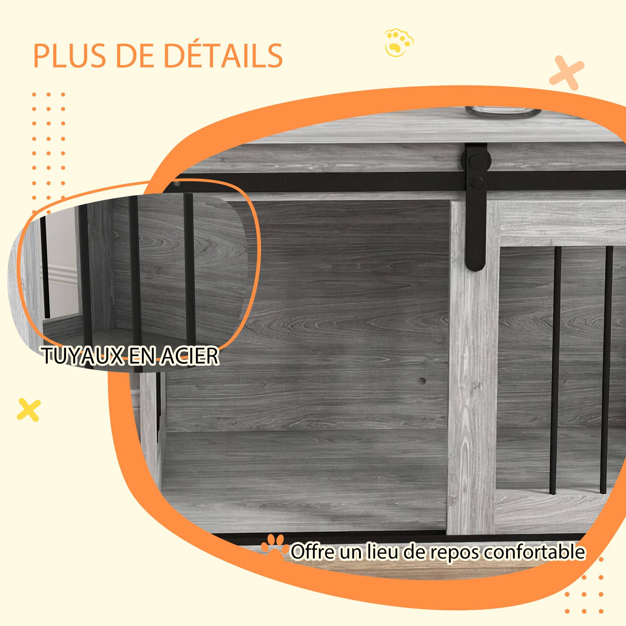 Cage chien intérieur bois métal table appoint porte coulissante 80x54x57cm gris - ComfortXL Outdoor Living - Image 8