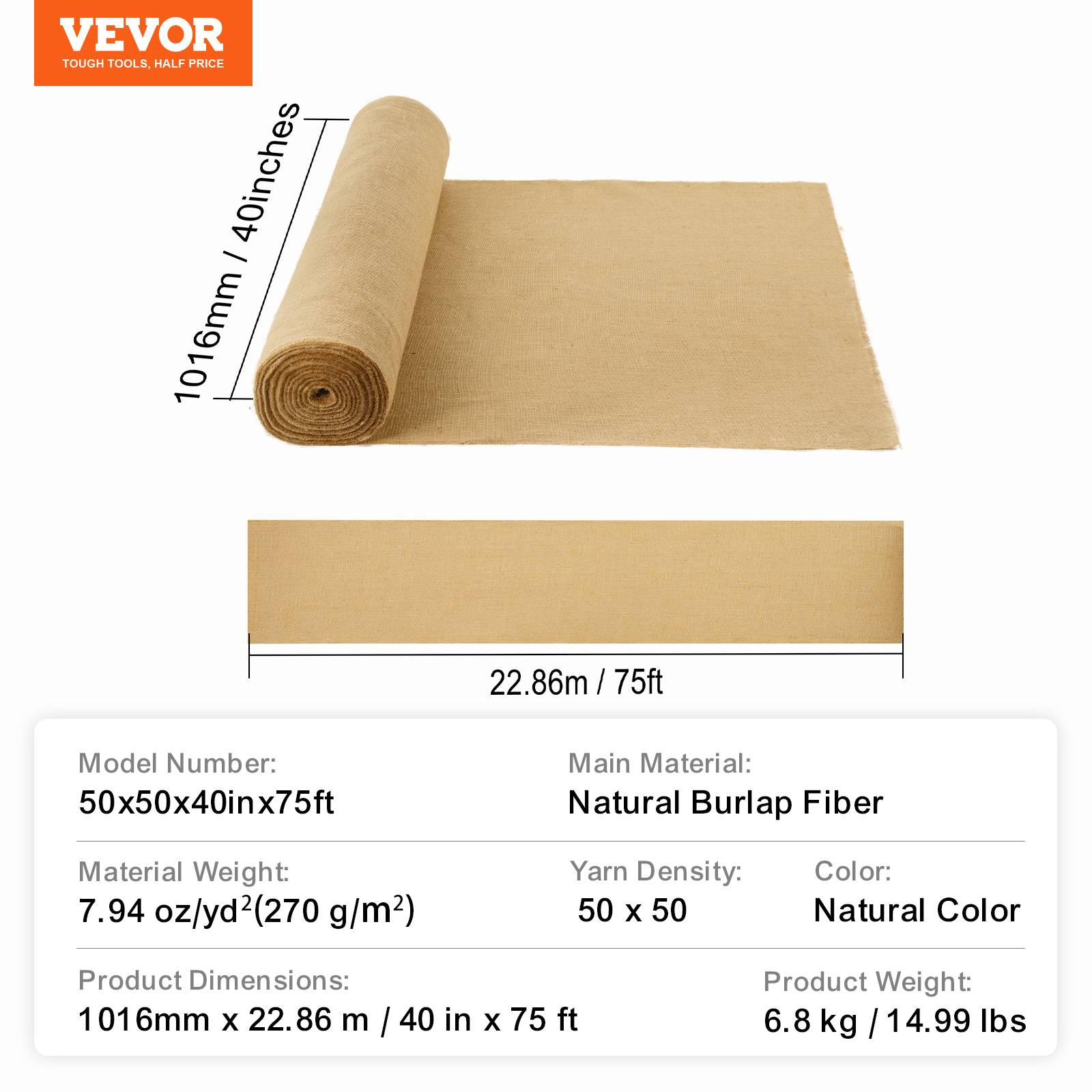 Vevor - VEVOR Rouleau toile de jute 1016 mm x 22,86 m, 50x50, naturel. - Image 7