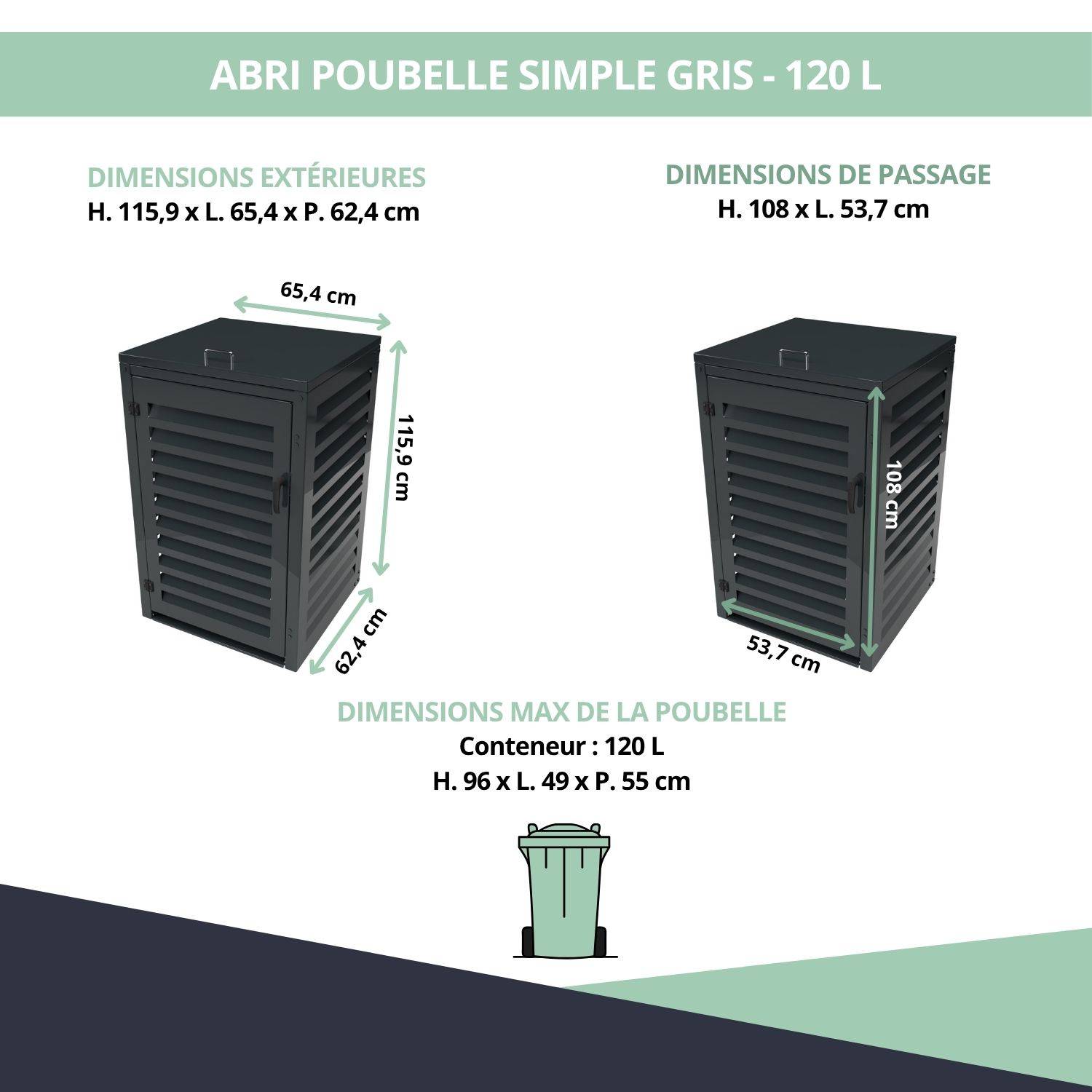 Cache Poubelle Extérieur Simple en Aluminium thermolaqué - Abri pour 1 conteneur 120 Litres – Gris Anthracite RAL 7016 - Image 3