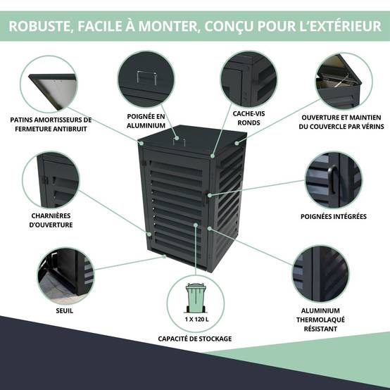 Cache Poubelle Extérieur Simple en Aluminium thermolaqué - Abri pour 1 conteneur 120 Litres – Gris Anthracite RAL 7016 - Image 5