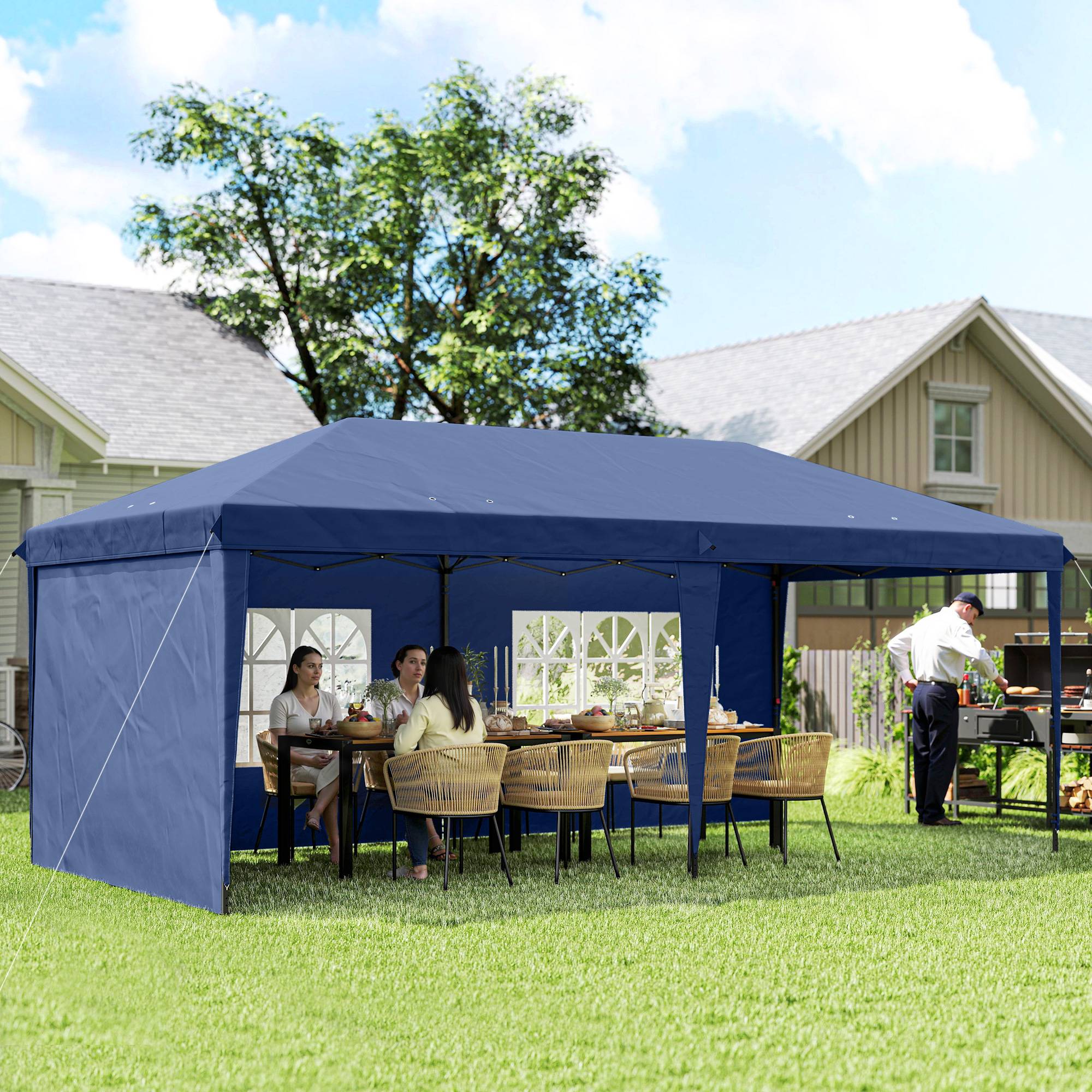 Sans Marque - Tente pliante pop-up 6 x 3 m avec 4 côtés détachables, tonnelle de jardin avec 2 fenêtres et sac de transport, bleue - Image 3