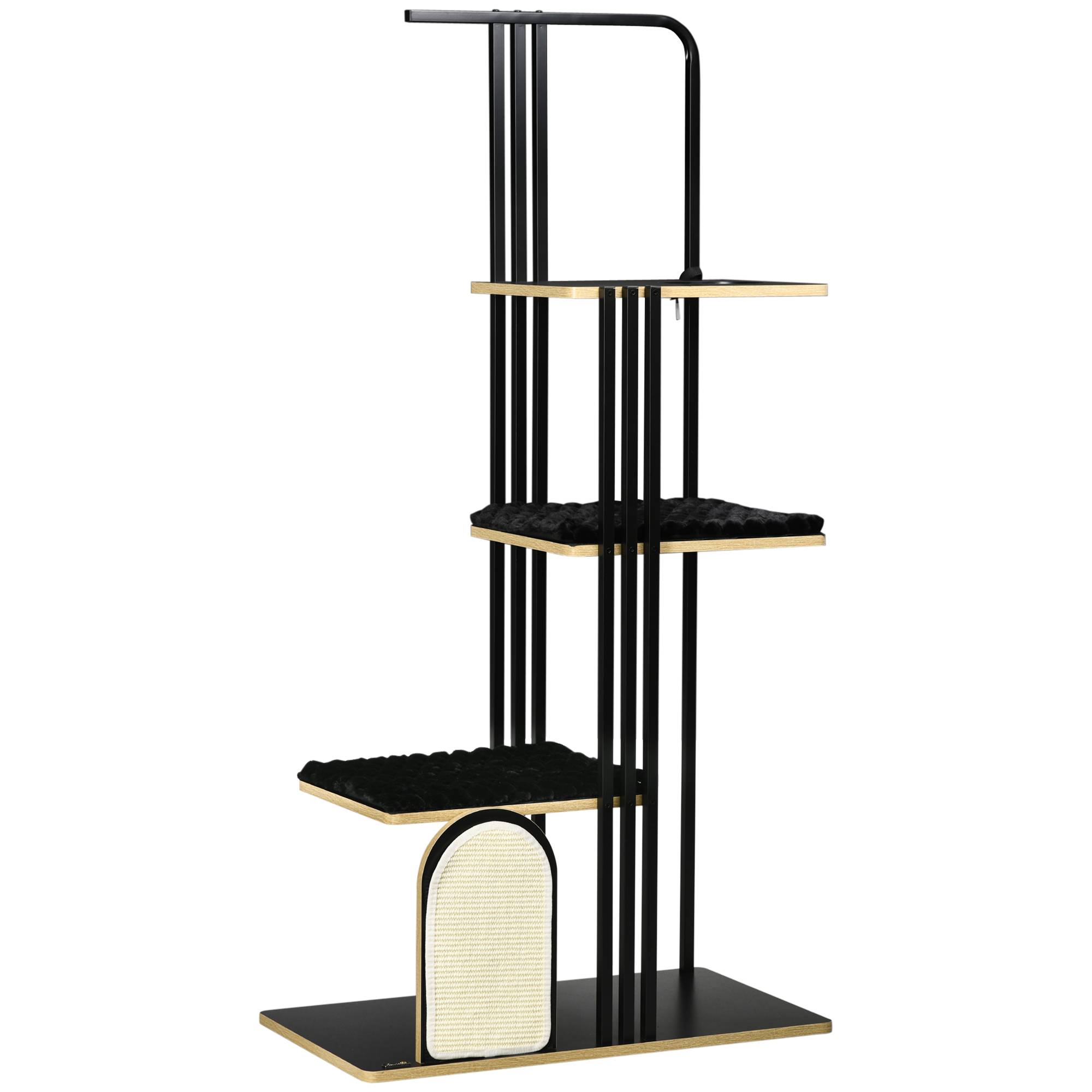 Arbre à chat 170 cm avec grand griffoir, coussin, planche à griffer, 3 plateformes, mobilier pour chat en acier noir - Image 1