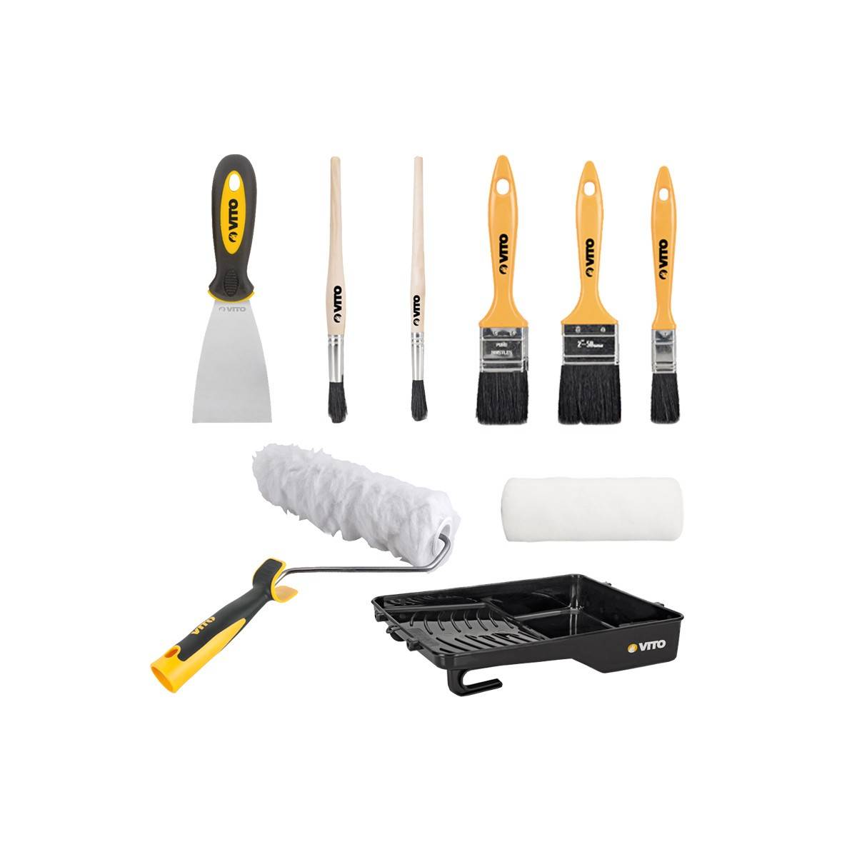 KIT 9 Outils Peinture Bac peinture Rouleau mur sablés +recharge 3 pinceaux plats 2 pinceaux  Spatule acier VITO - Imagen 1