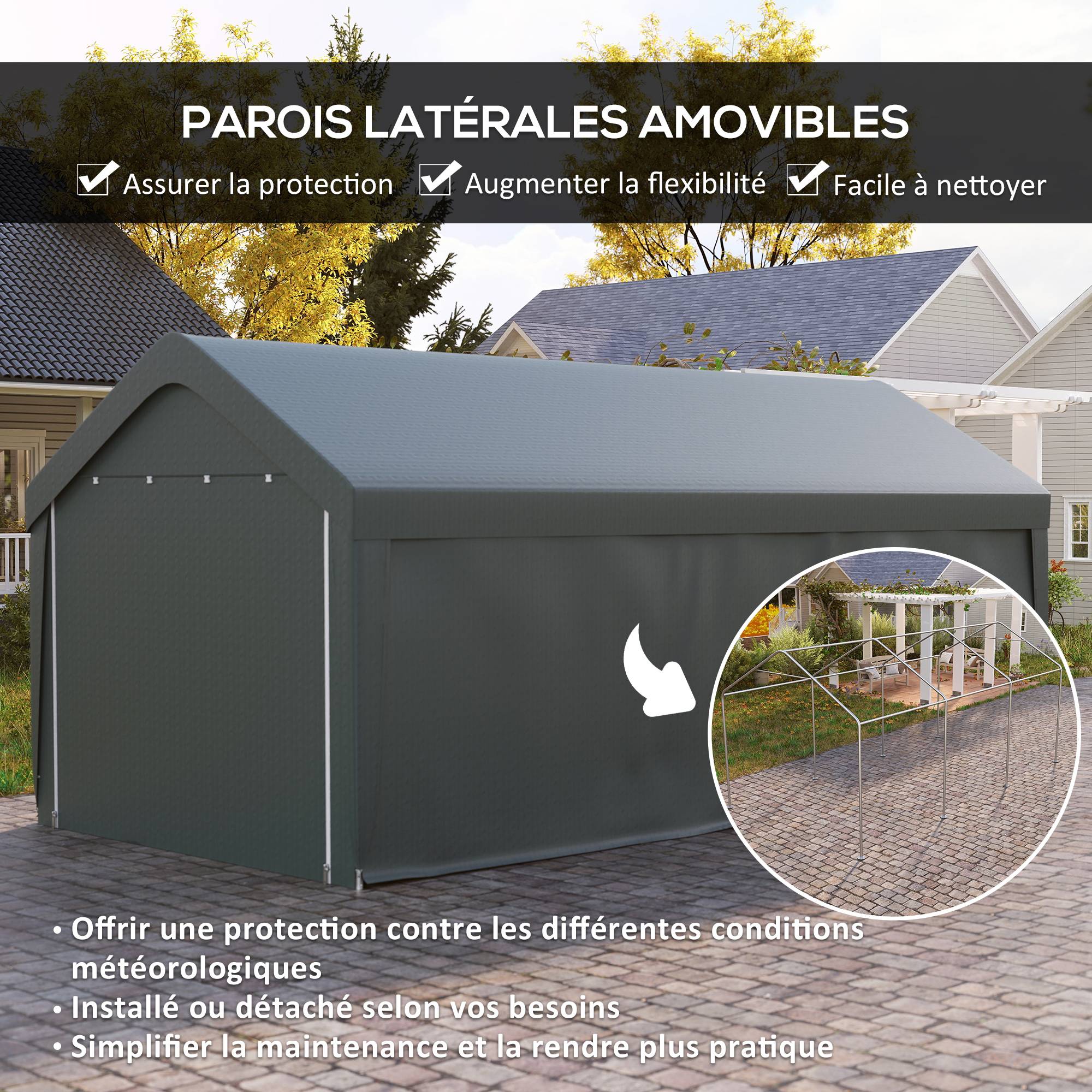 Carport abri voiture acier PE pour extérieur parois amovibles 6x3m gris foncé - ComfortXL Outdoor Living - Image 7