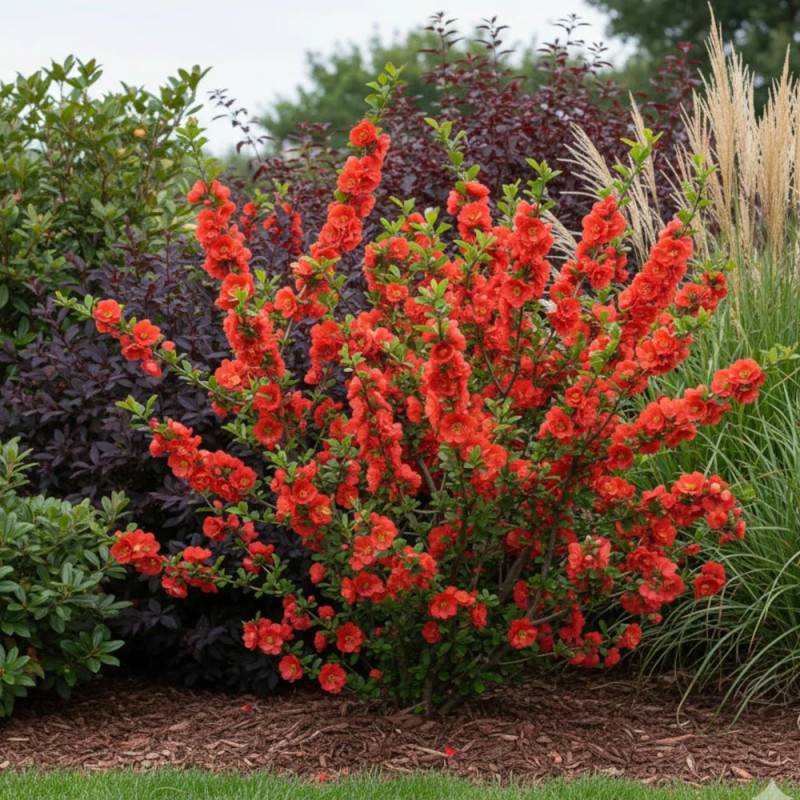 Cognassier du Japon Mango Storm® 'Mincha01', Chaenomeles à fleurs Rouge - feuillage Caduc - Pot de 3L - 20/40 cm-  hauteur à maturité De 3,00 m à 5,00 - Imagen 5