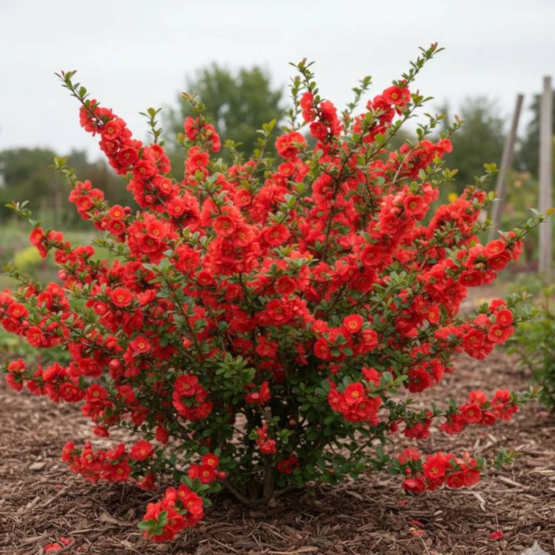 Cognassier du Japon Mango Storm® 'Mincha01', Chaenomeles à fleurs Rouge - feuillage Caduc - Pot de 3L - 20/40 cm-  hauteur à maturité De 3,00 m à 5,00 - Imagen 4