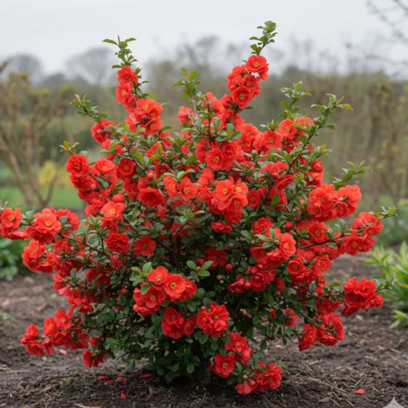 Cognassier du Japon Mango Storm® 'Mincha01', Chaenomeles à fleurs Rouge - feuillage Caduc - Pot de 3L - 20/40 cm-  hauteur à maturité De 3,00 m à 5,00 - Imagen 3