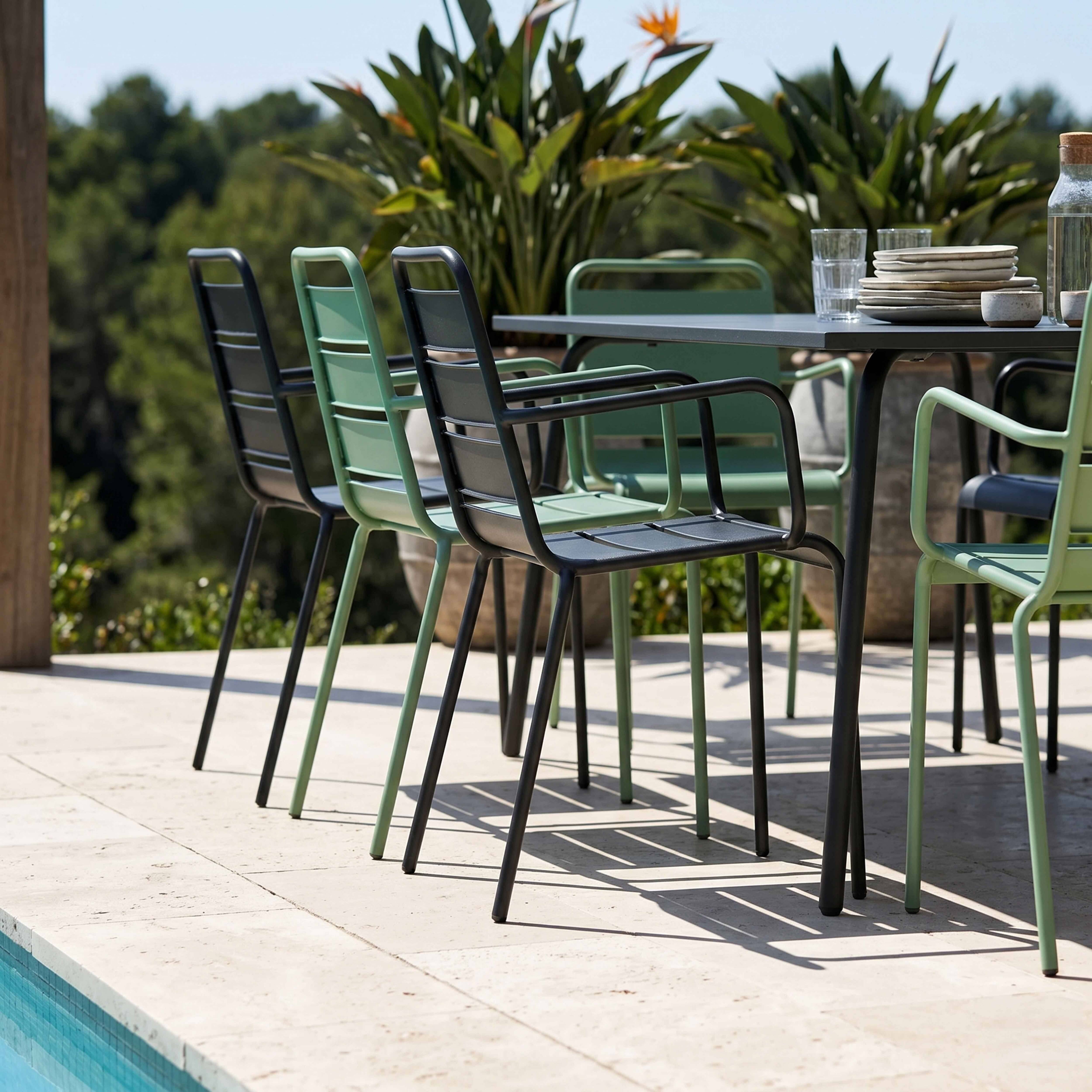 Oviala - Ensemble table de jardin et 8 fauteuils en métal vert sauge et gris Palavas - Oviala - Imagen 4
