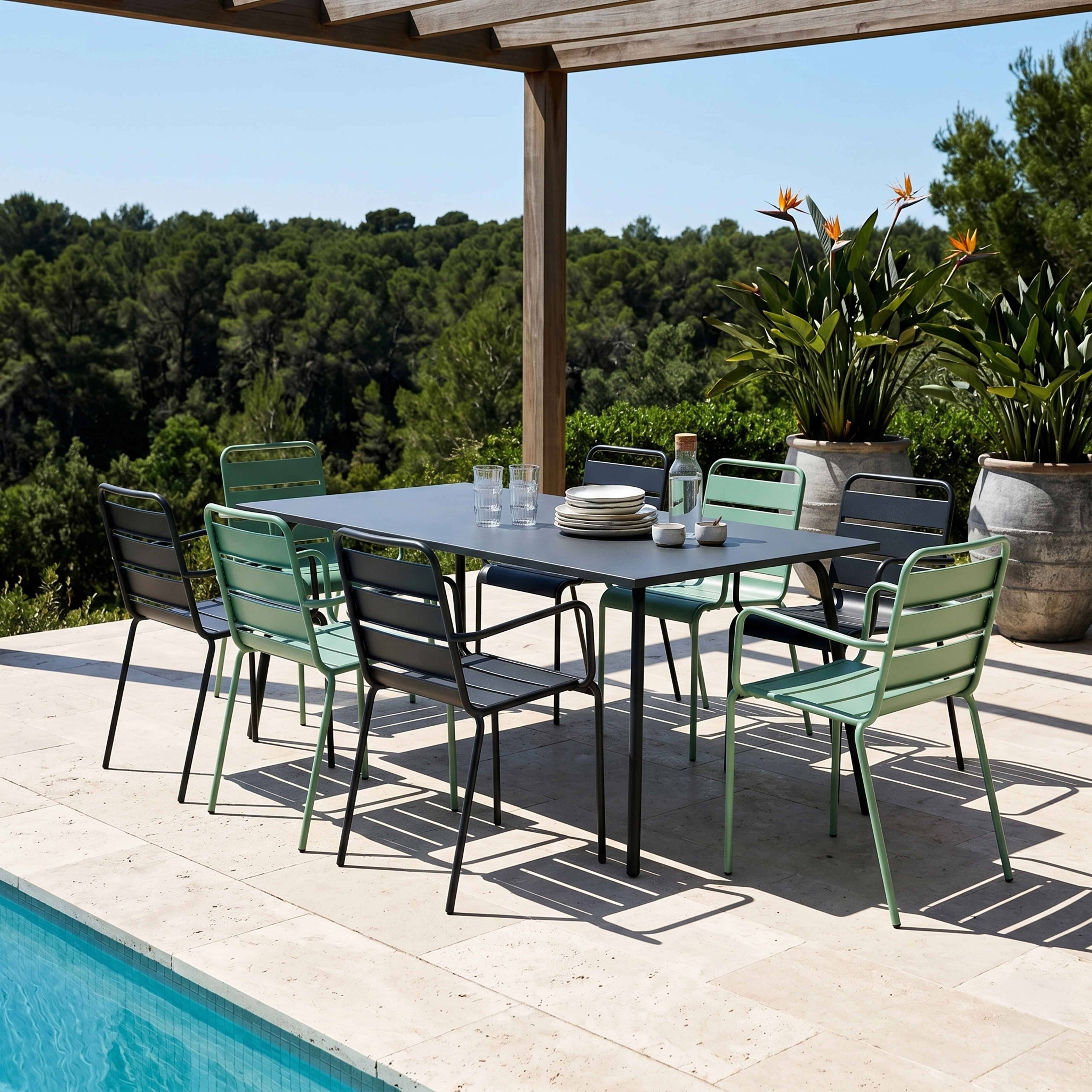 Oviala - Ensemble table de jardin et 8 fauteuils en métal vert sauge et gris Palavas - Oviala - Imagen 2