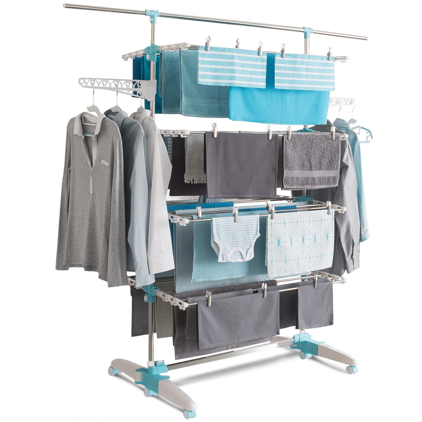Séchoir à linge vertical pliable 4 niveaux OPTIMUM capacité 30M avec tringle télescopique blanc et bleu - Image 2