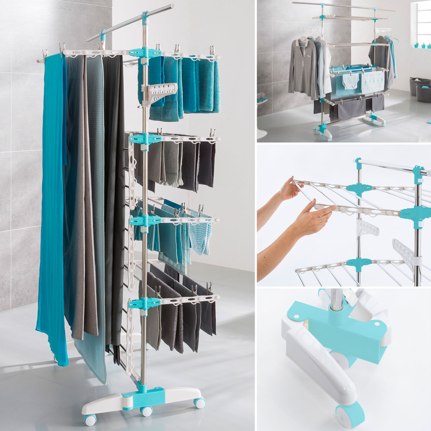 Séchoir à linge vertical pliable 4 niveaux OPTIMUM capacité 30M avec tringle télescopique blanc et bleu - Image 3