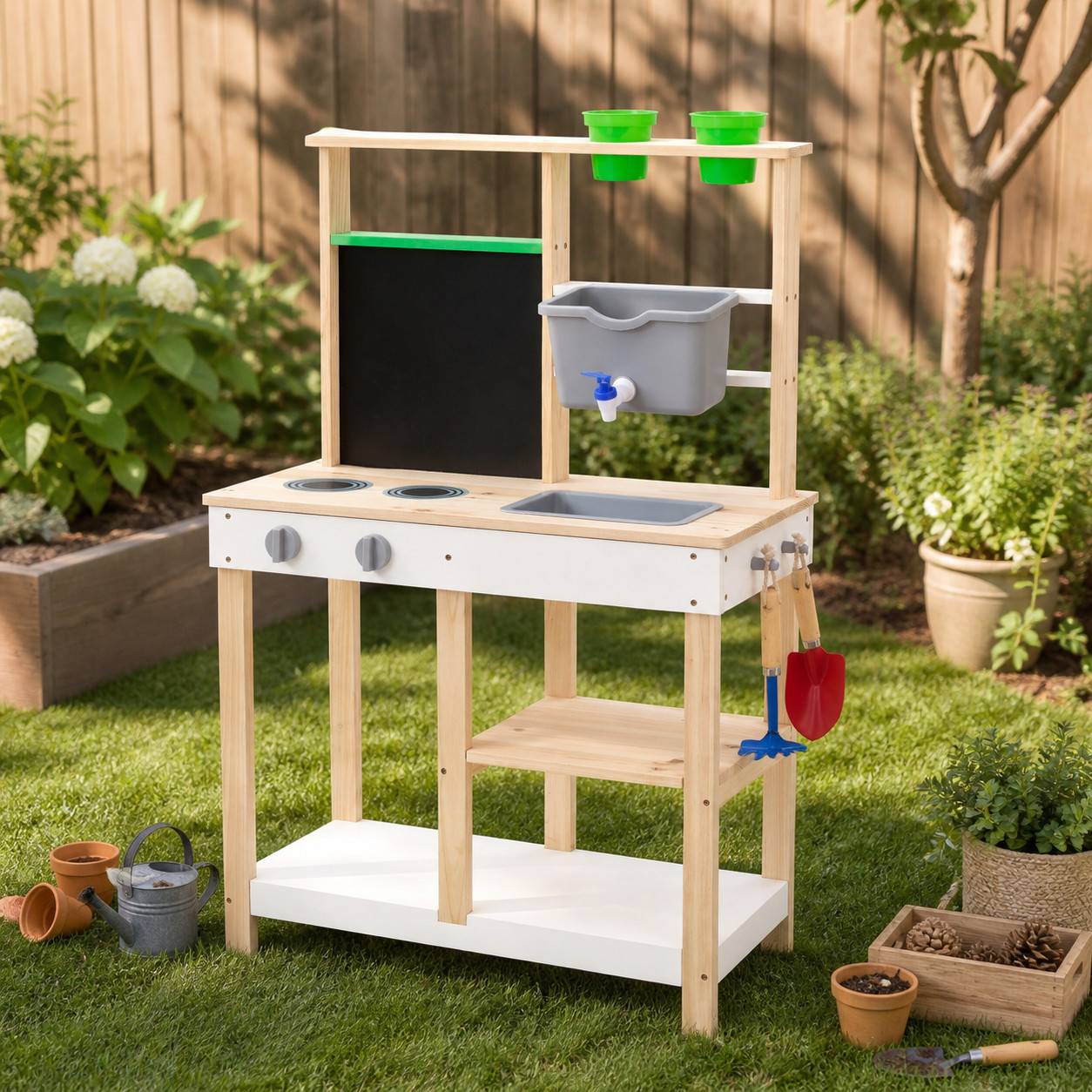 Cuisine Extérieure Bois avec Accessoires et Évier, Beige, Teamson Kids - Image 1