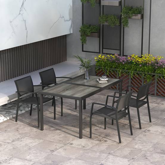 ComfortXL - Salon de jardin acier gris 5 pièces 4 places table 150 x 87 cm chaises empilables terrasse repas extérieur - Image 1