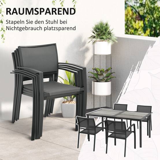 ComfortXL - Salon de jardin acier gris 5 pièces 4 places table 150 x 87 cm chaises empilables terrasse repas extérieur - Image 4