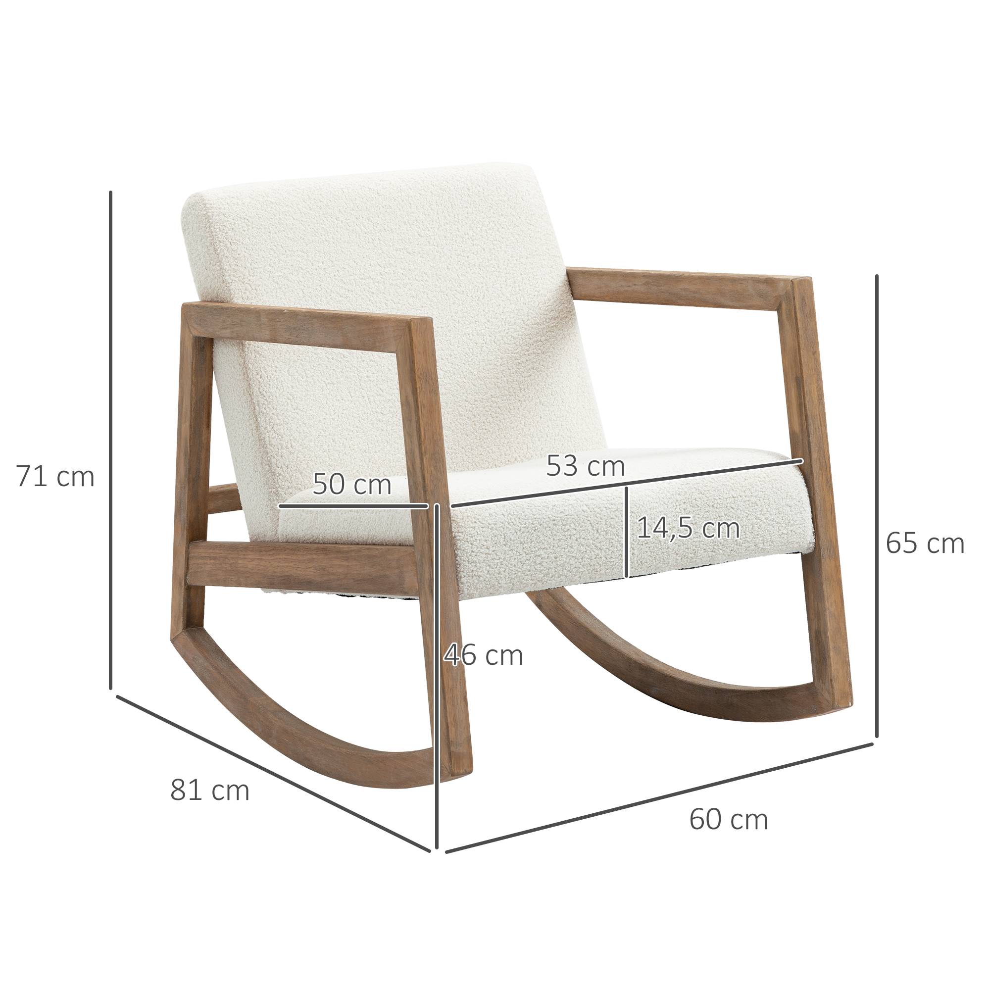 Fauteuil à bascule en tissu bouclé blanc crème, pieds en bois d'hévéa, siège confortable pour chambre et salon, 60 x 81 x 71 cm - Image 5