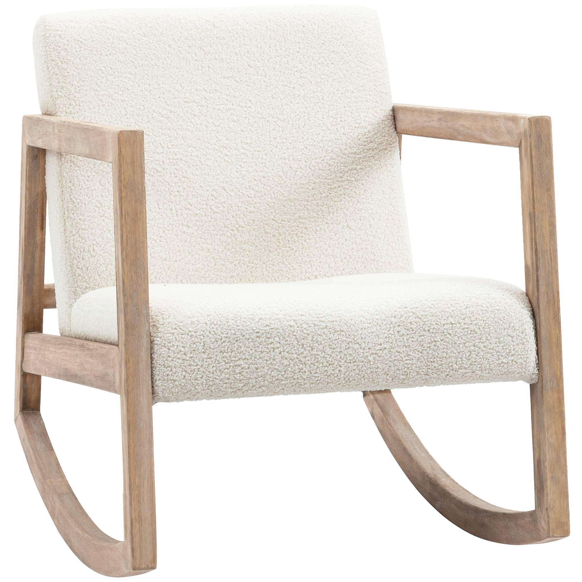 Fauteuil à bascule en tissu bouclé blanc crème, pieds en bois d'hévéa, siège confortable pour chambre et salon, 60 x 81 x 71 cm - Image 2