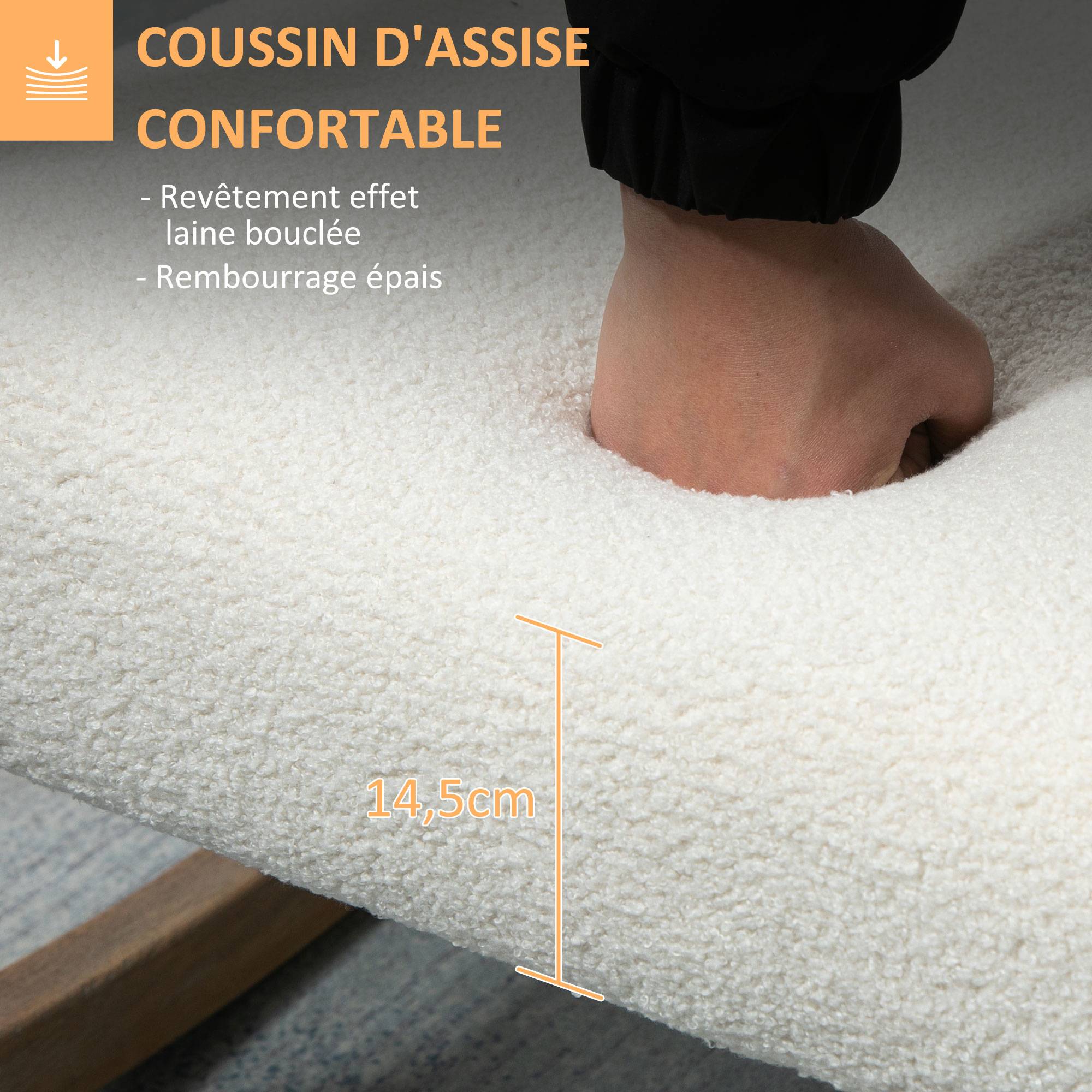 Fauteuil à bascule en tissu bouclé blanc crème, pieds en bois d'hévéa, siège confortable pour chambre et salon, 60 x 81 x 71 cm - Image 7