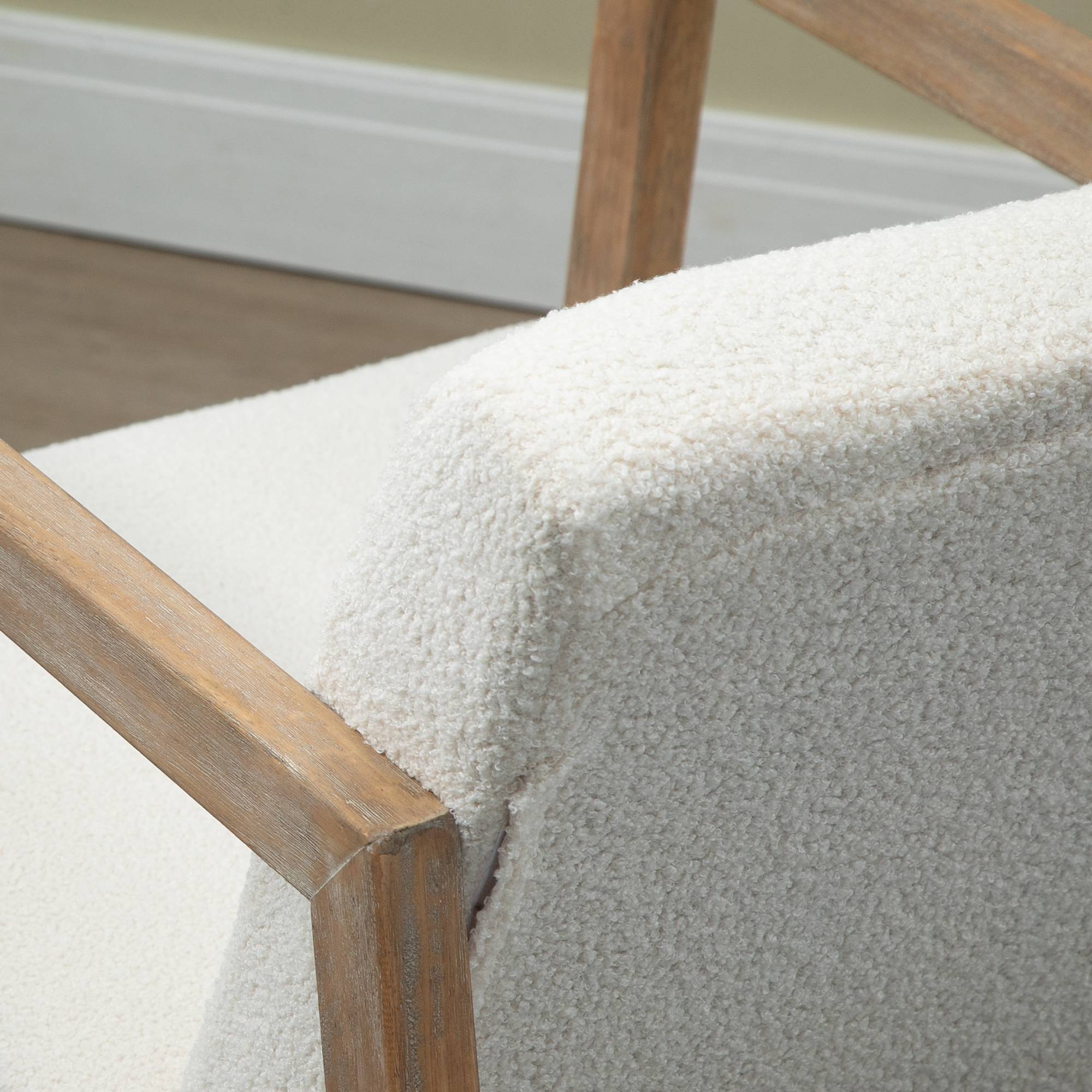 Fauteuil à bascule en tissu bouclé blanc crème, pieds en bois d'hévéa, siège confortable pour chambre et salon, 60 x 81 x 71 cm - Image 9